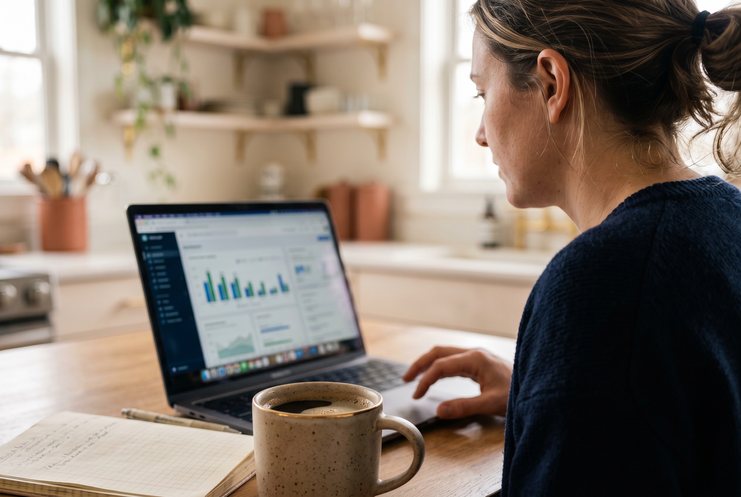 Founder reviewing sales numbers on a laptop at a kitchen table with morning coffee and a notebook nearby