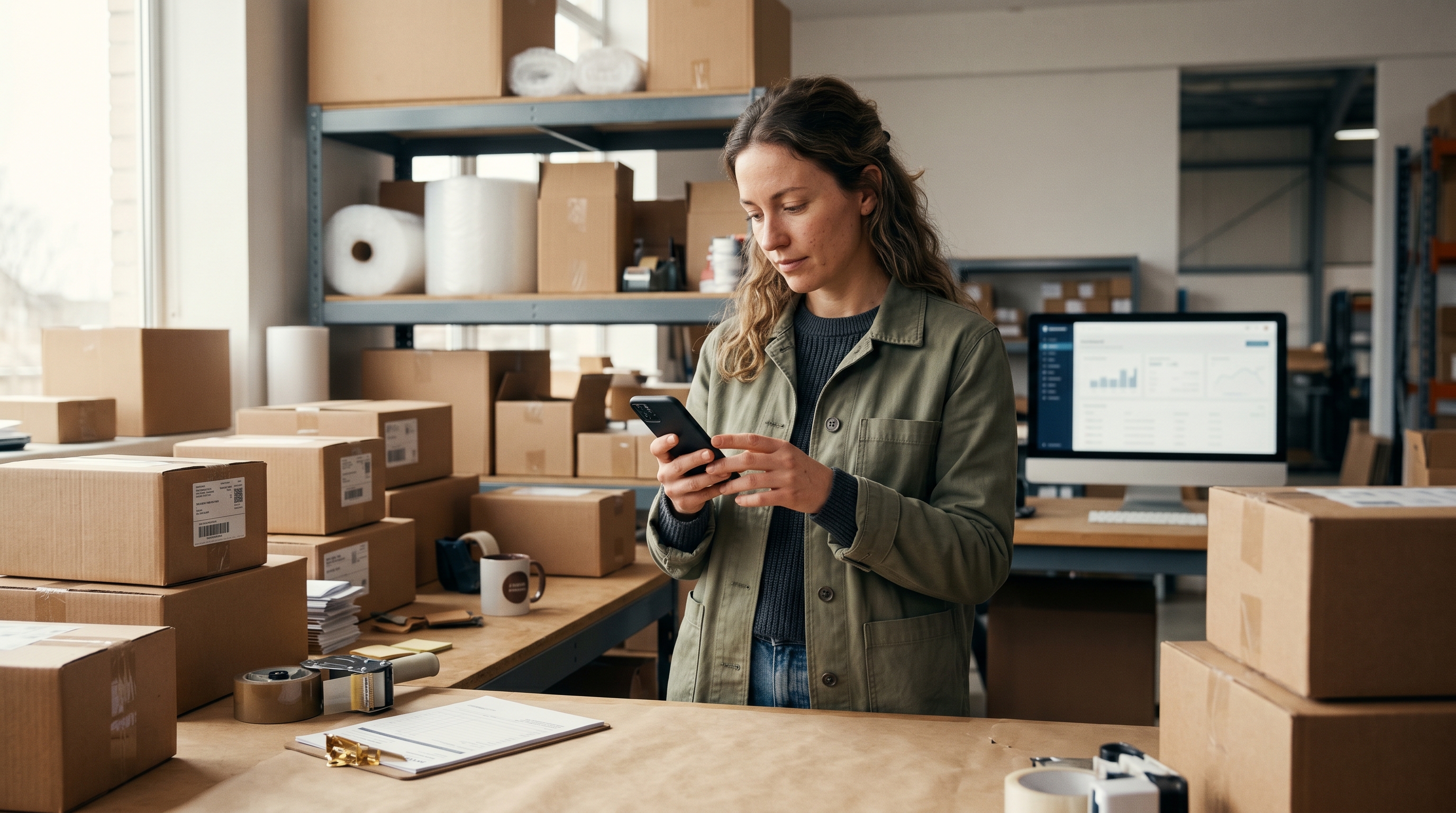 Small business owner checking her online store on a smartphone while standing at a packing table surrounded by shipping boxes