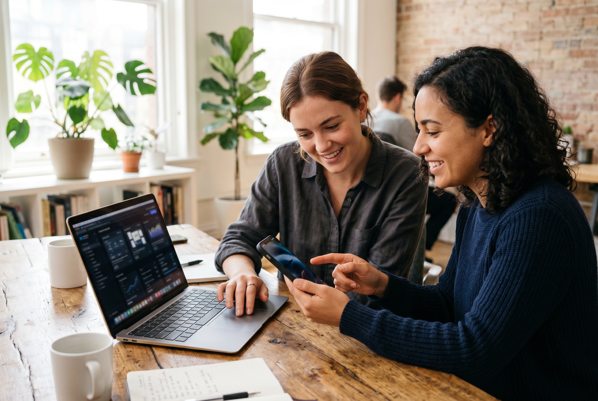Two founders comparing the same product page on a phone and a laptop side by side on a wooden desk in a bright office