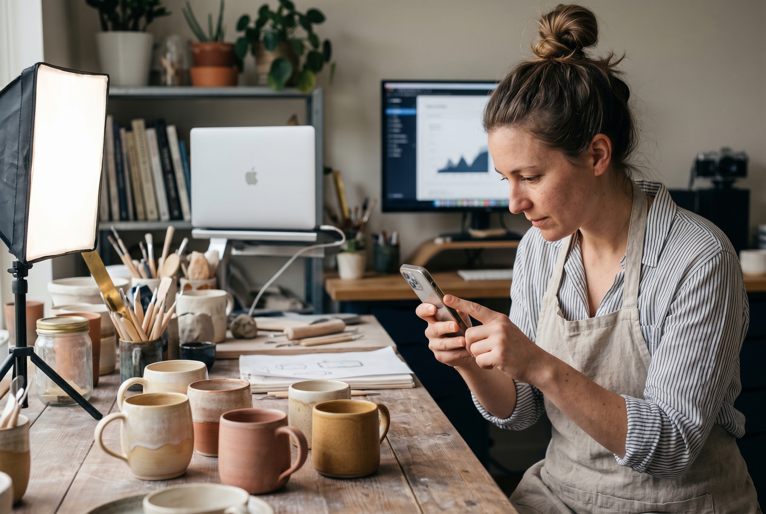 Maker photographing handmade ceramic mugs on a phone with a softbox light to post on social media from a home studio