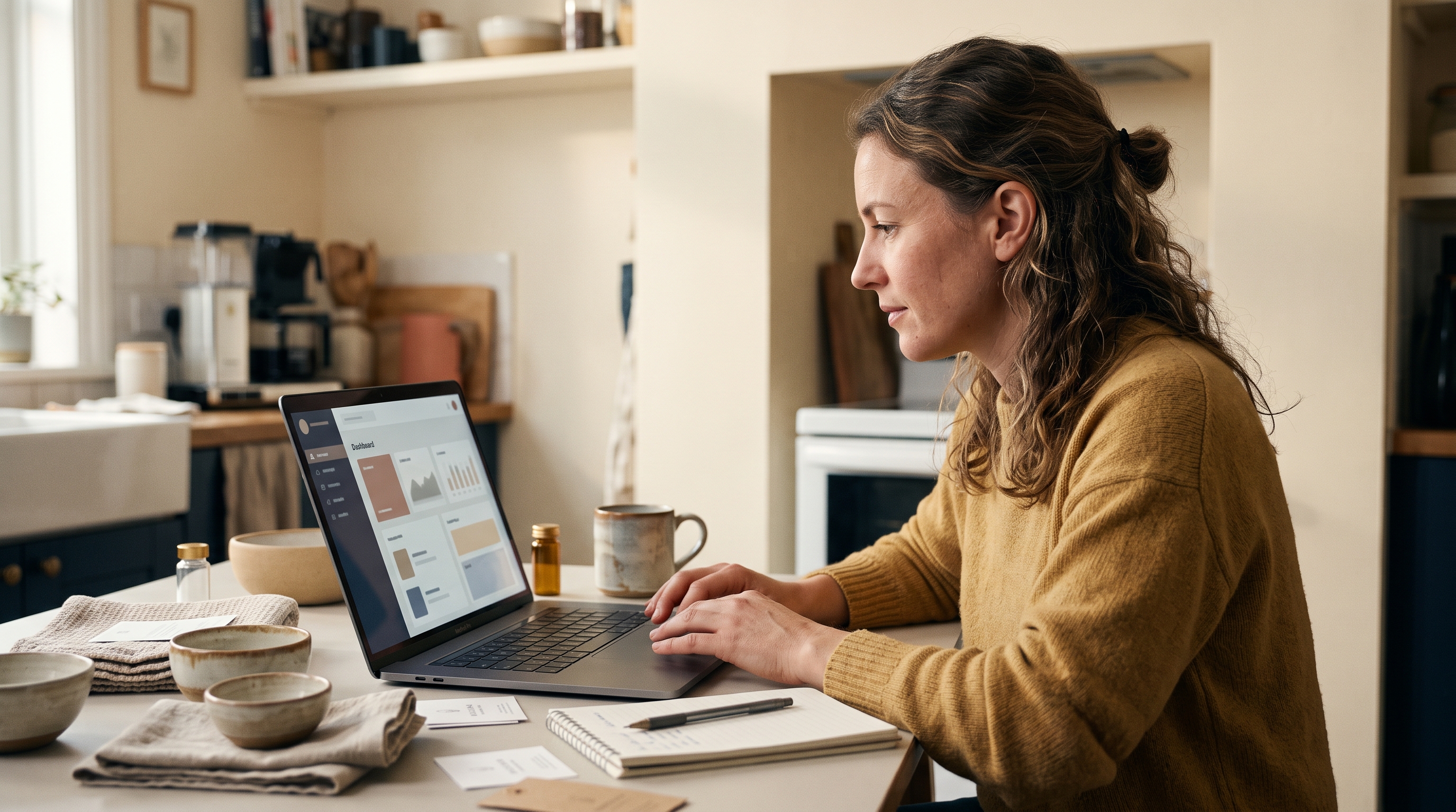 Small business owner setting up an online store on a laptop at a kitchen table with product samples nearby