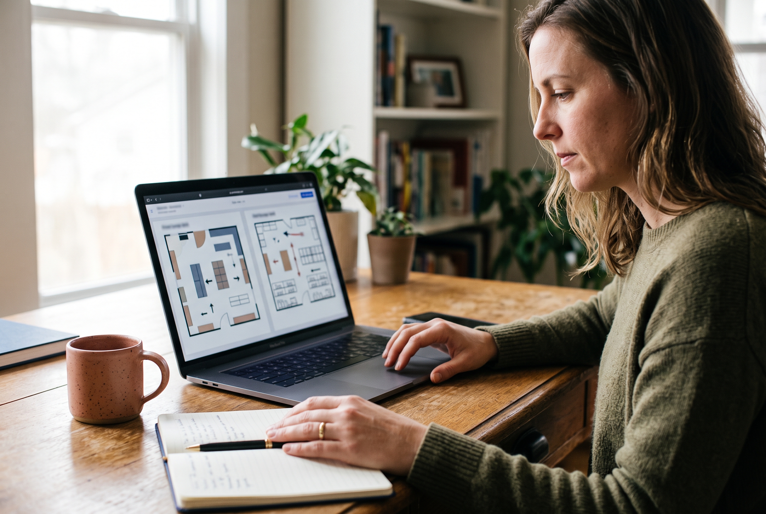 Person comparing two store layouts on a laptop screen with a notebook and coffee mug on a wooden desk