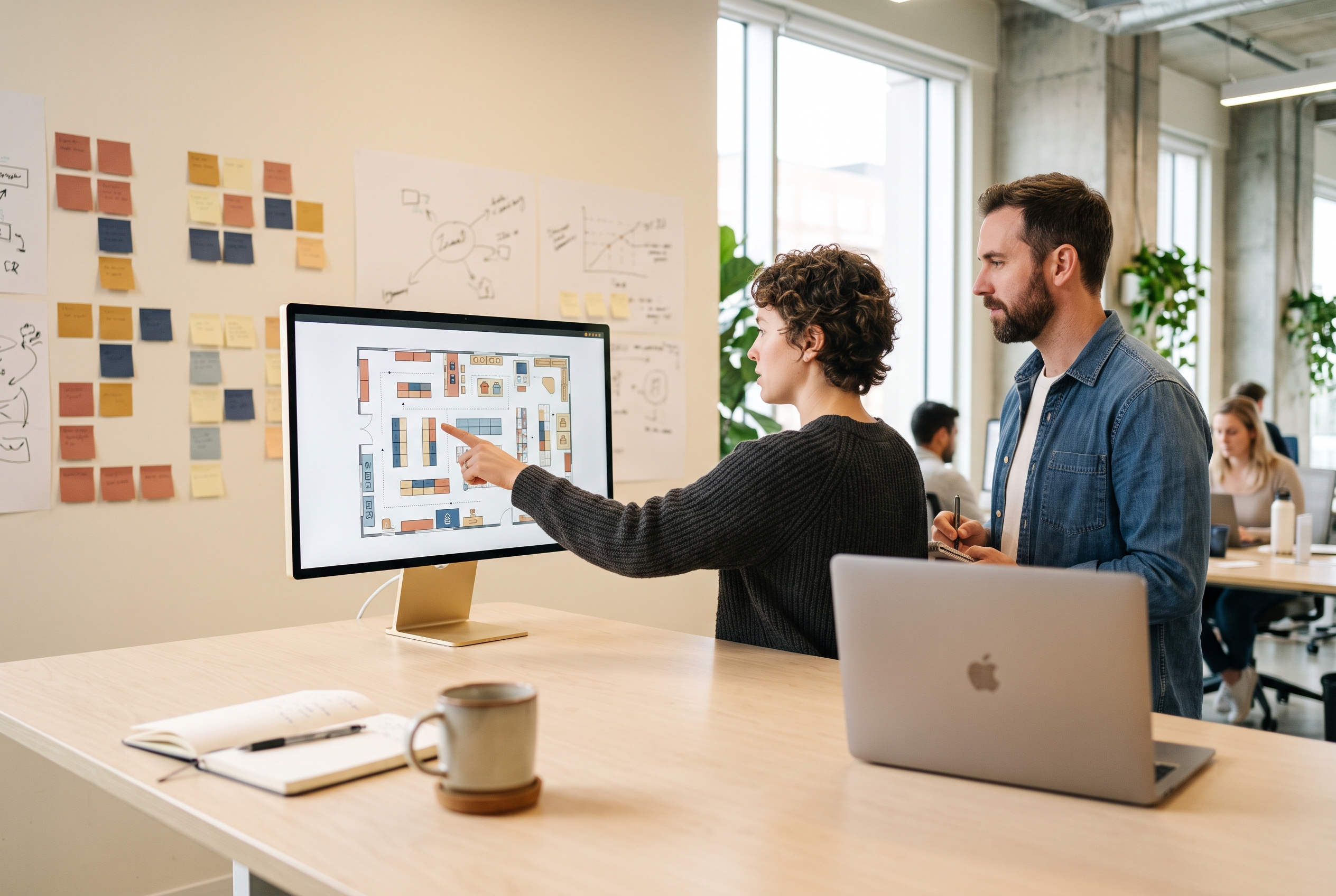 Two people reviewing a store design on a large monitor in a bright modern office with sticky notes on the wall
