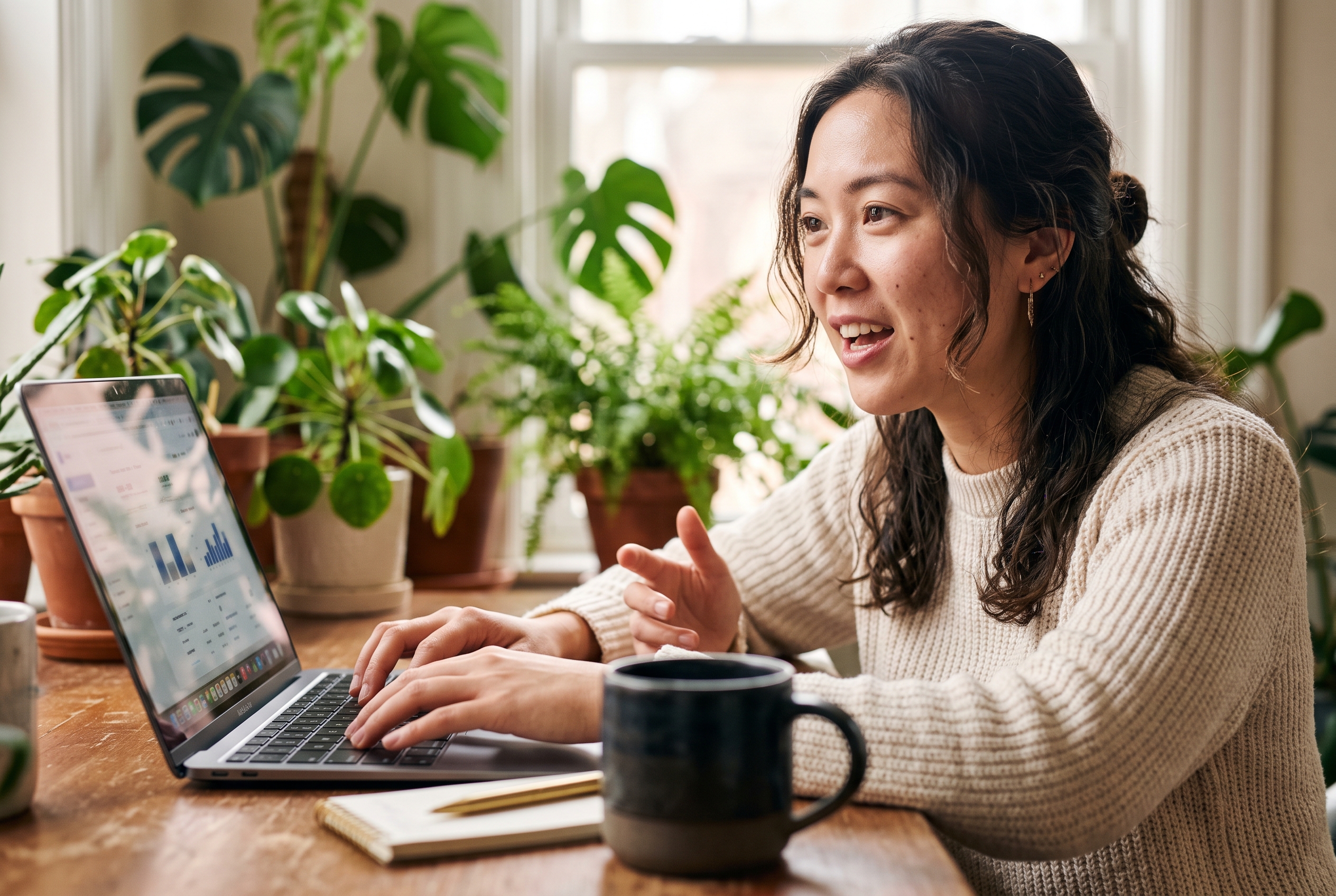 Founder describing her business idea out loud while typing into a laptop at a sunlit desk with plants behind her