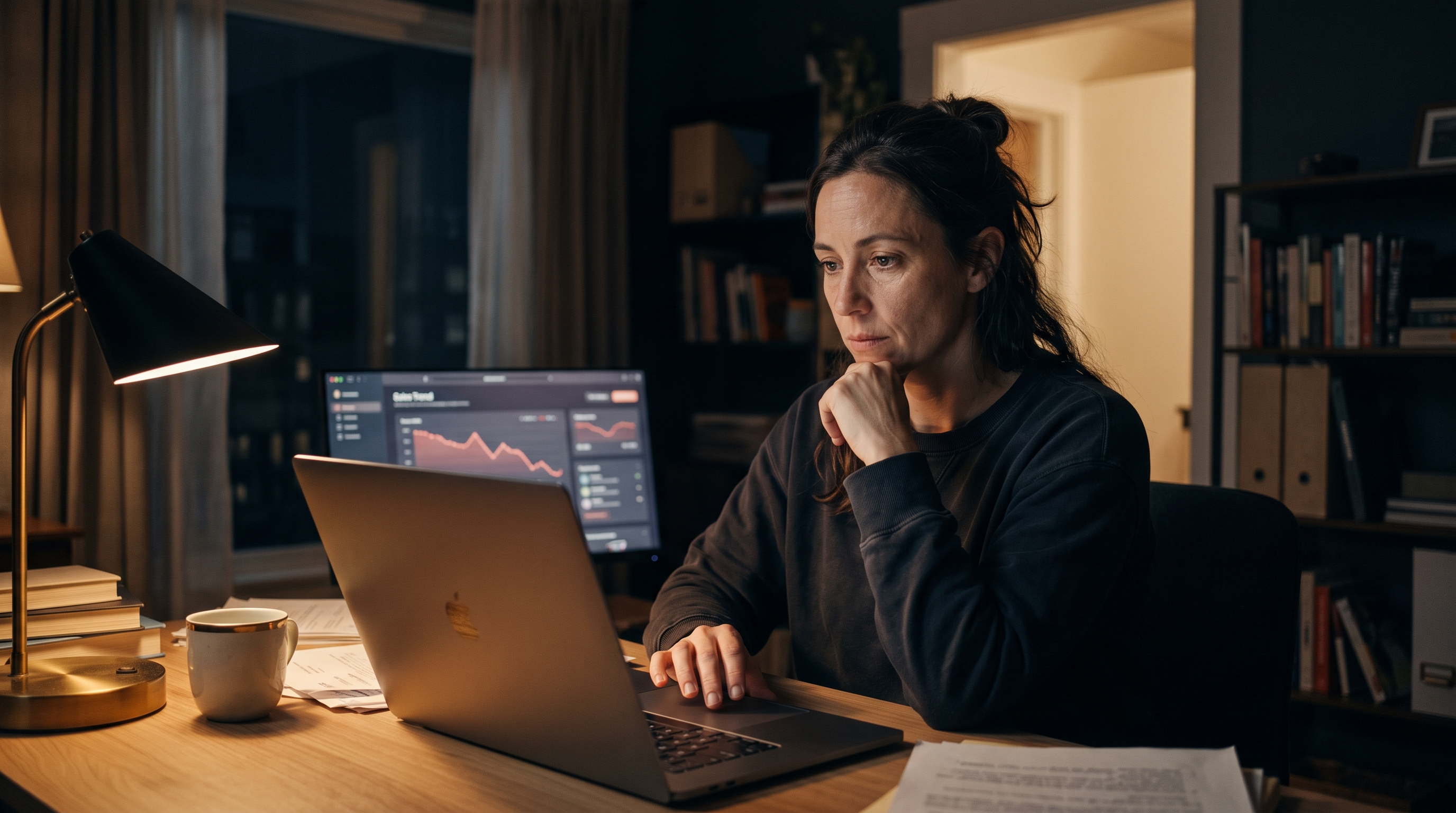 Small business owner staring at a laptop with a declining sales chart in a dim home office late at night
