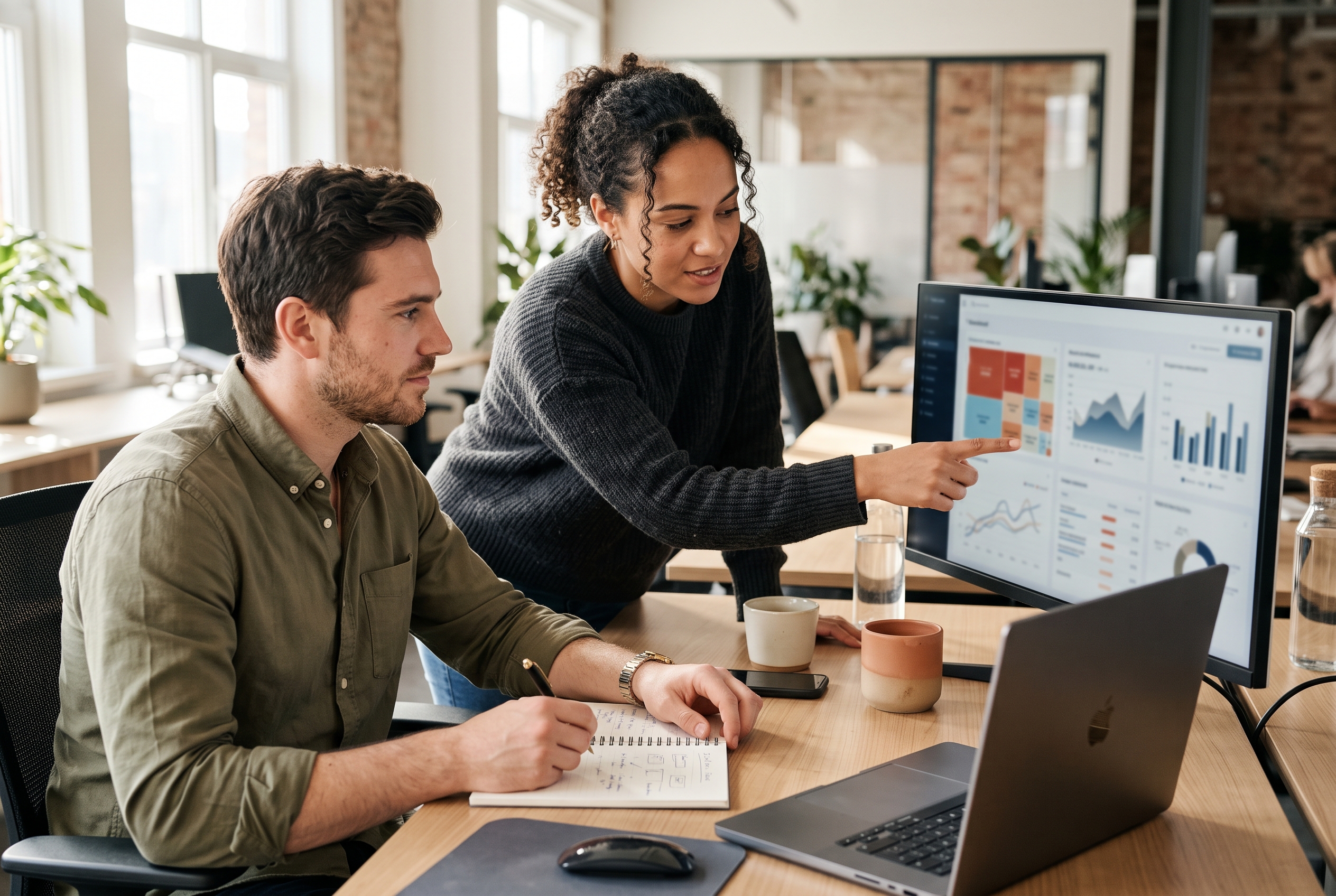 Two founders comparing product margins on a wide monitor with a notebook and coffee cups on a bright office desk