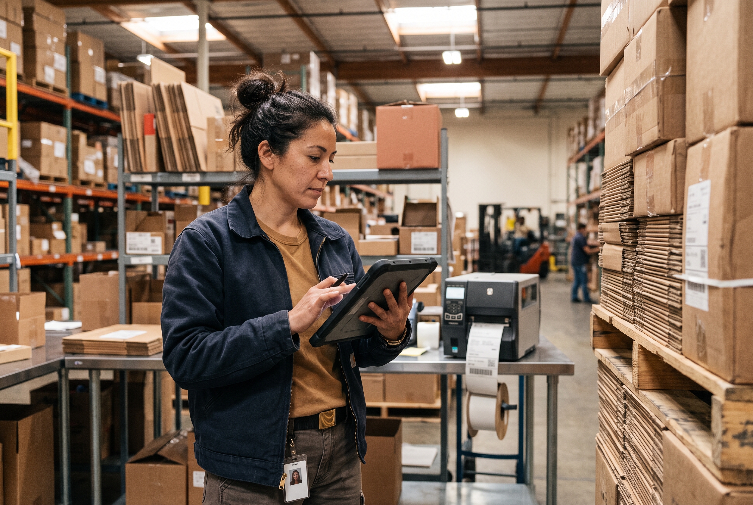 Warehouse worker checking a shipment against a tablet with stacked cardboard boxes and a shipping label printer nearby