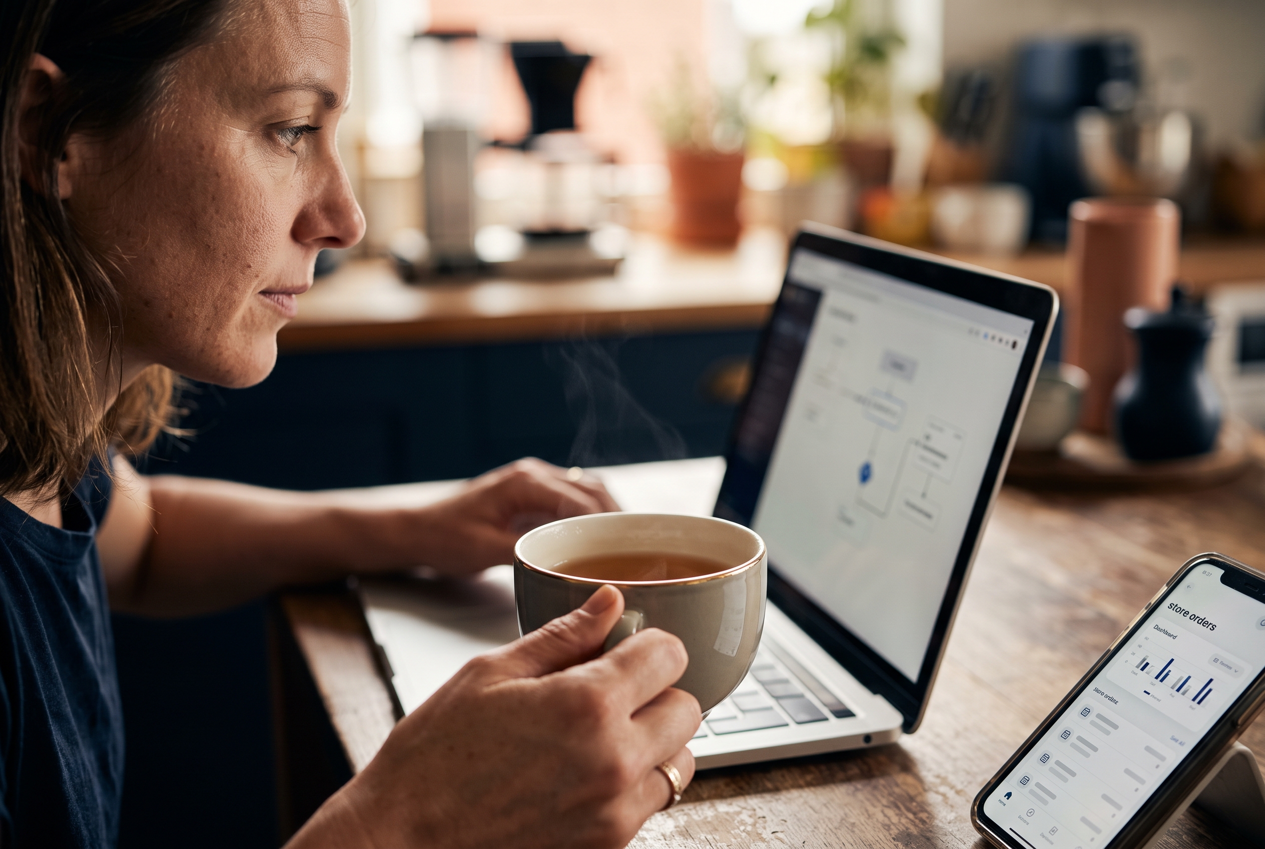 Founder reviewing a marketing automation flow on a laptop at a kitchen table with a cup of tea and a phone showing store orders