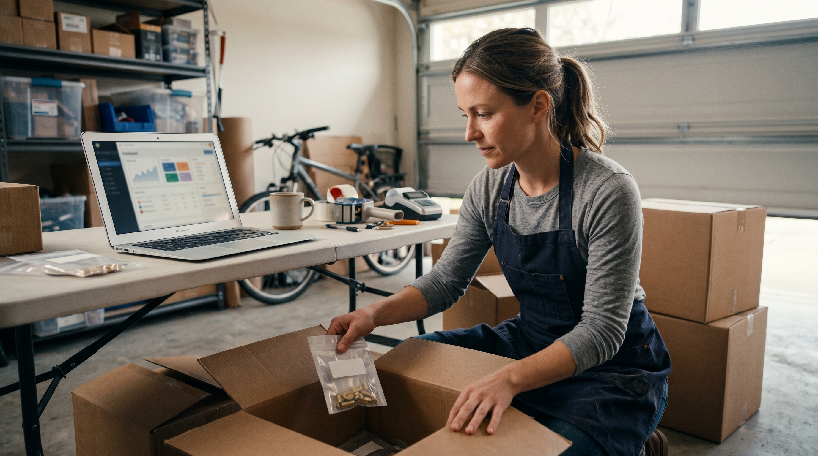 Small business owner unpacking wholesale shipping cartons in a garage with a laptop open on a workbench
