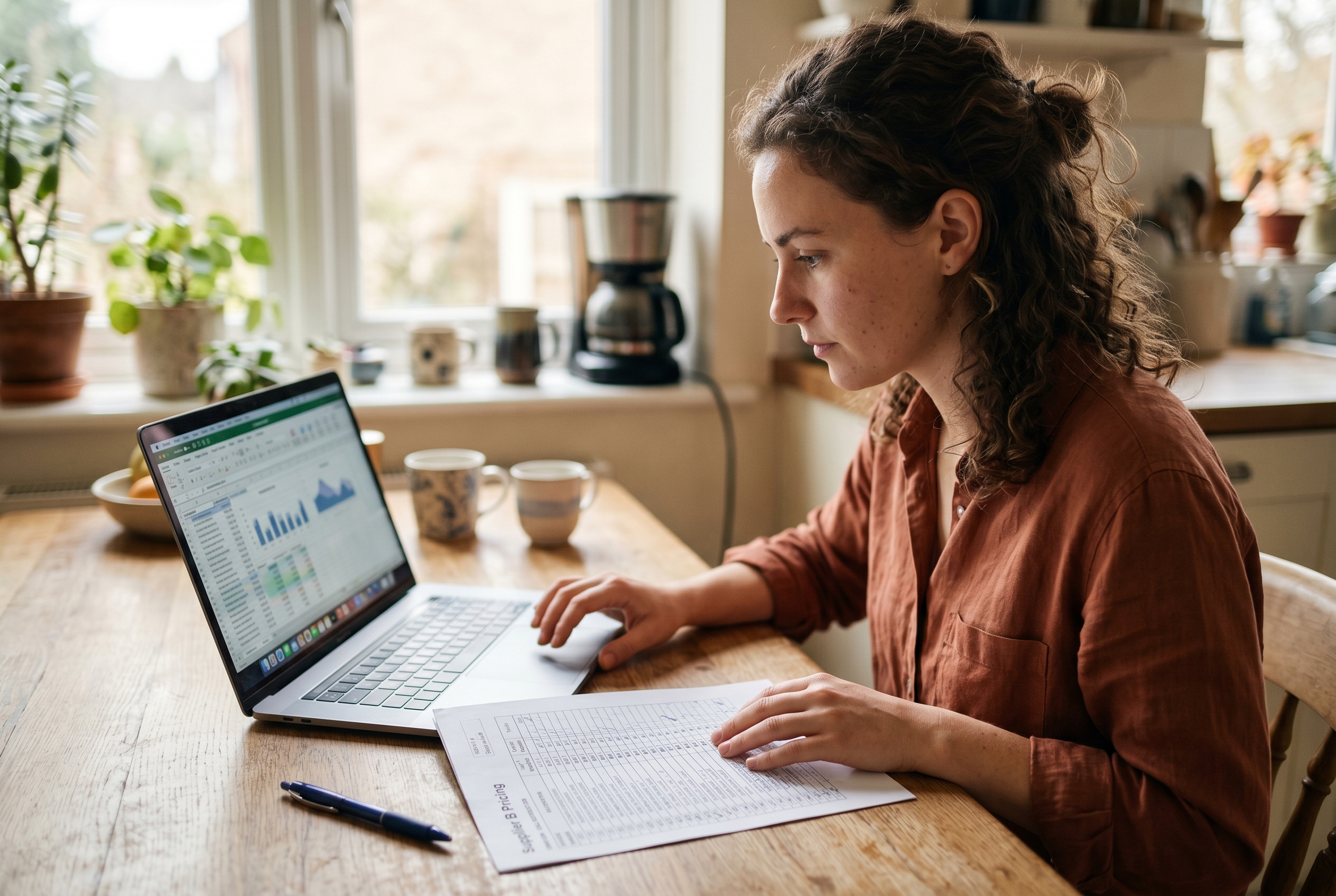 Founder comparing supplier price lists on a laptop and a printed spreadsheet at a kitchen table in morning light