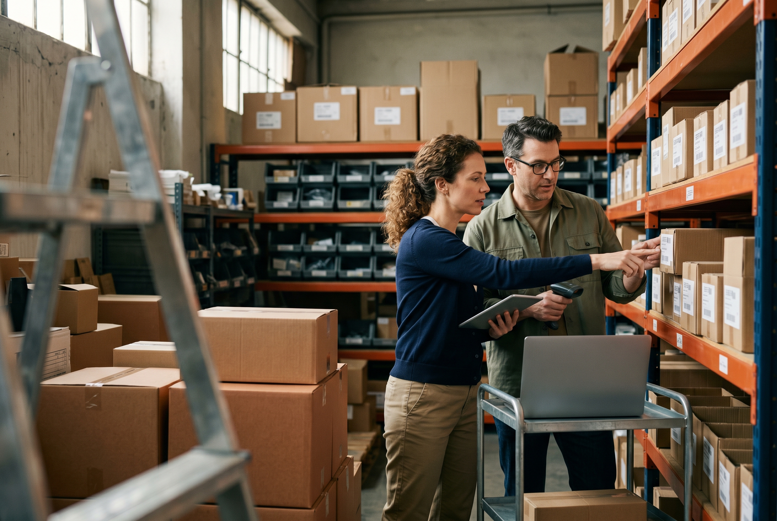 Two business partners checking stock levels on shelves of labeled product boxes in a small warehouse