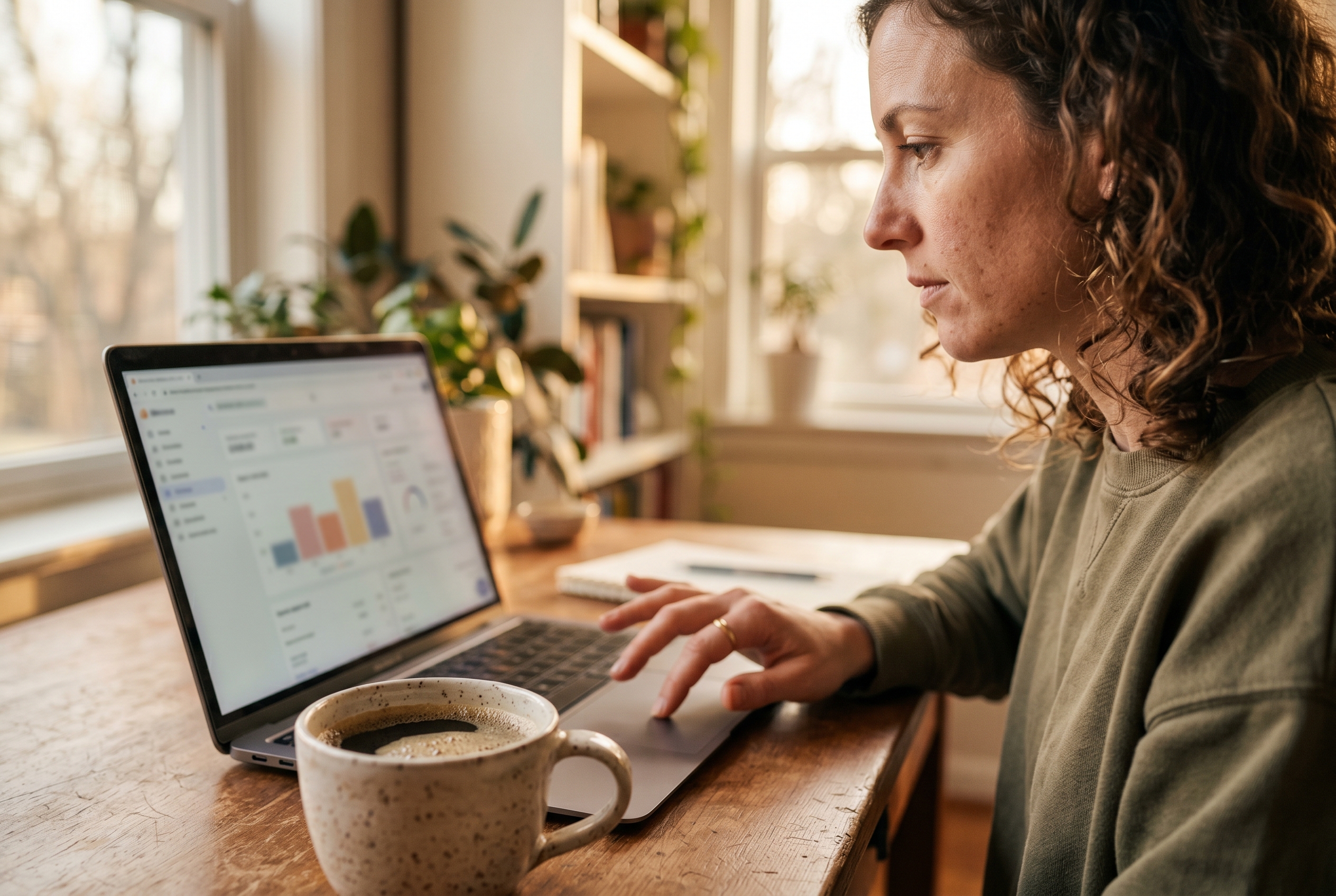 Entrepreneur reviewing store revenue on a laptop beside a coffee cup in a bright home office at golden hour