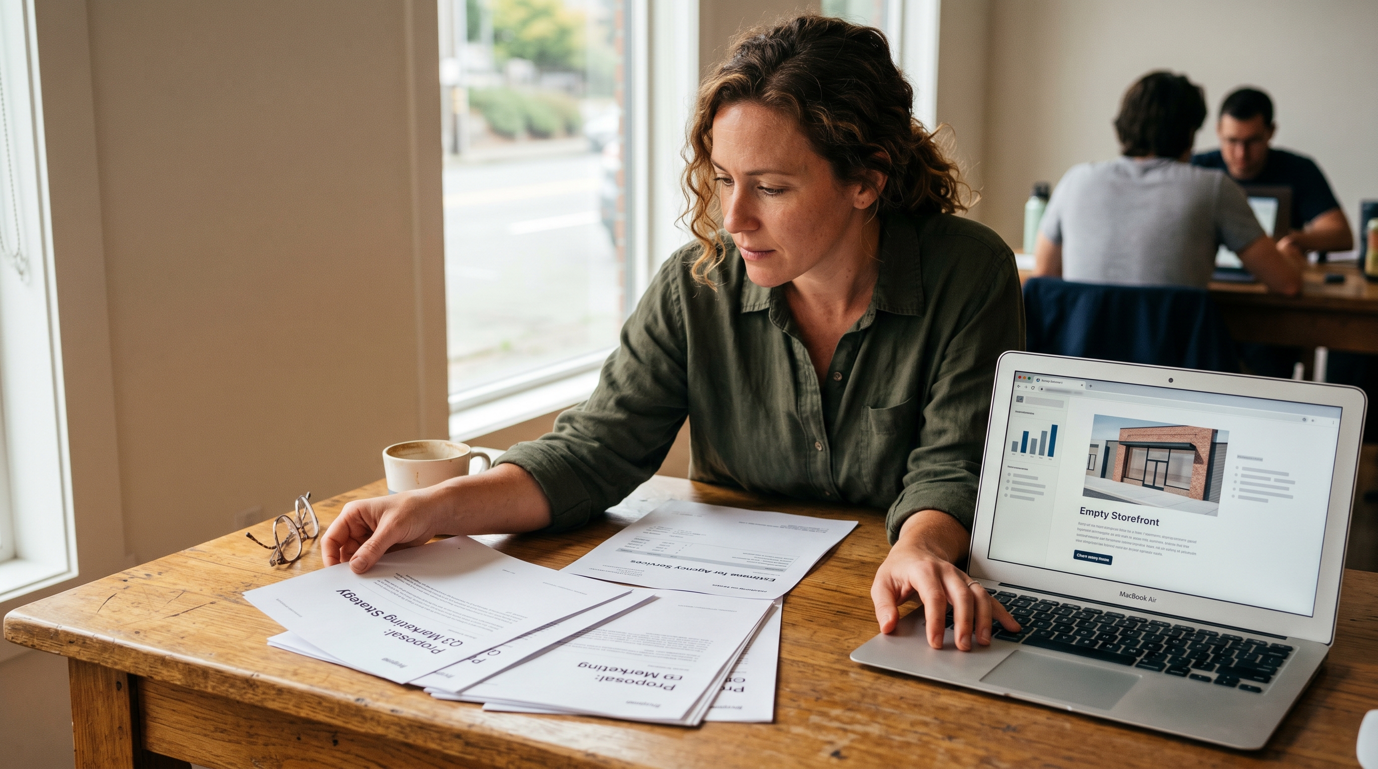 Founder reviewing a stack of agency proposals and quotes on a desk with a laptop showing an empty storefront