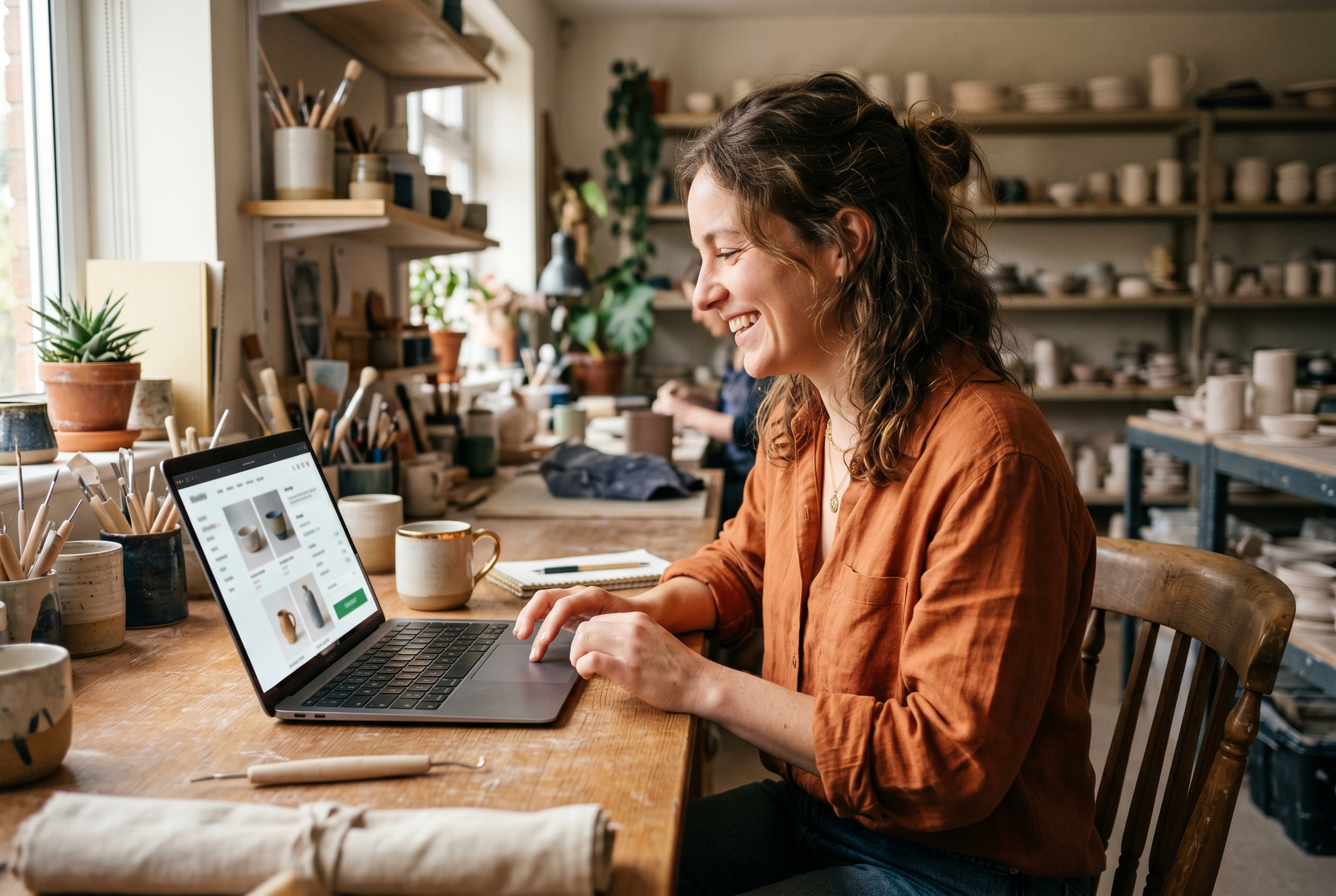 Small business owner happily clicking a button on a laptop while a complete online store materializes on screen with products and checkout