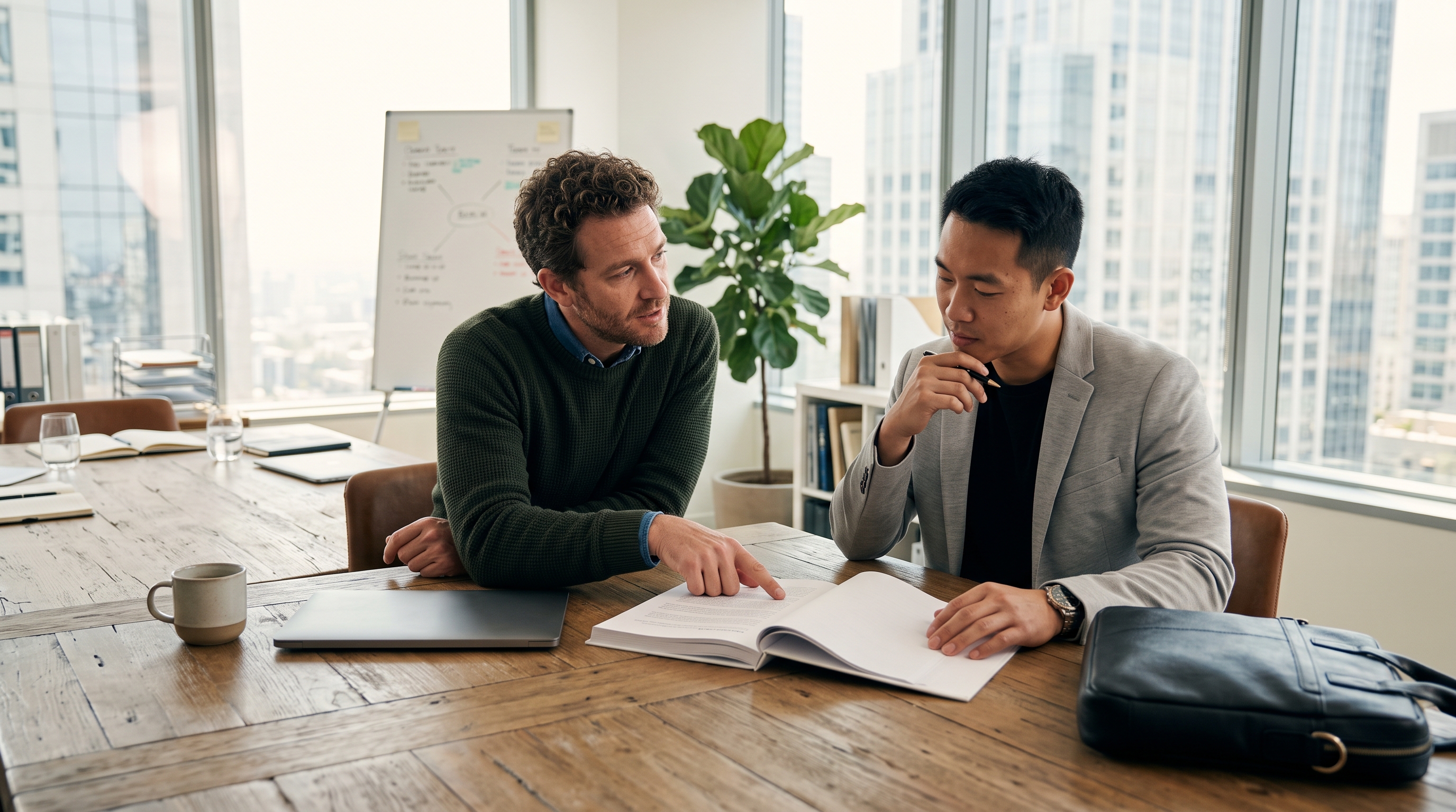 Two business owners reviewing a printed agency proposal across a wooden conference table in a bright office