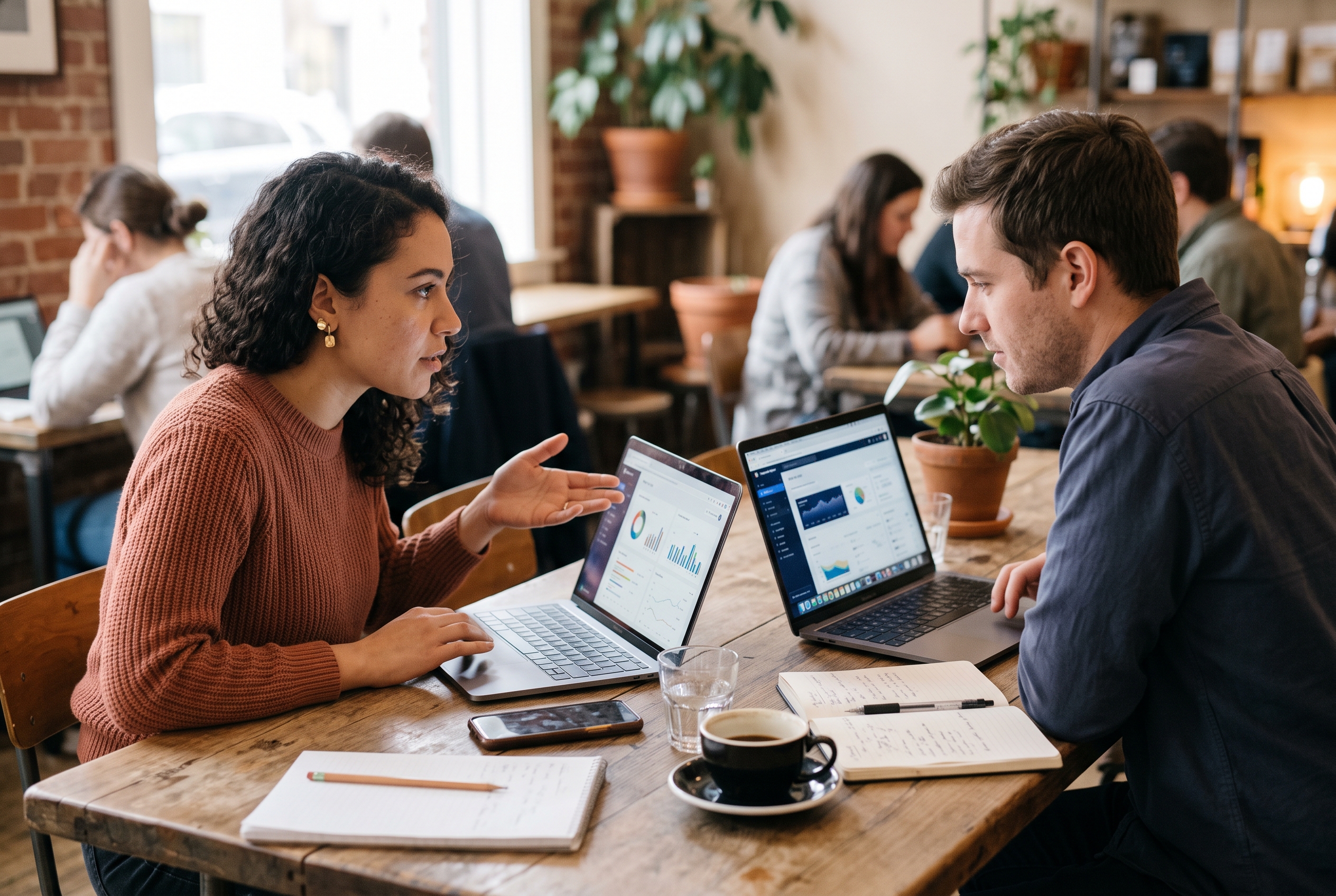 A freelancer and a client comparing two laptop screens at a coffee shop table with notebooks and a phone nearby