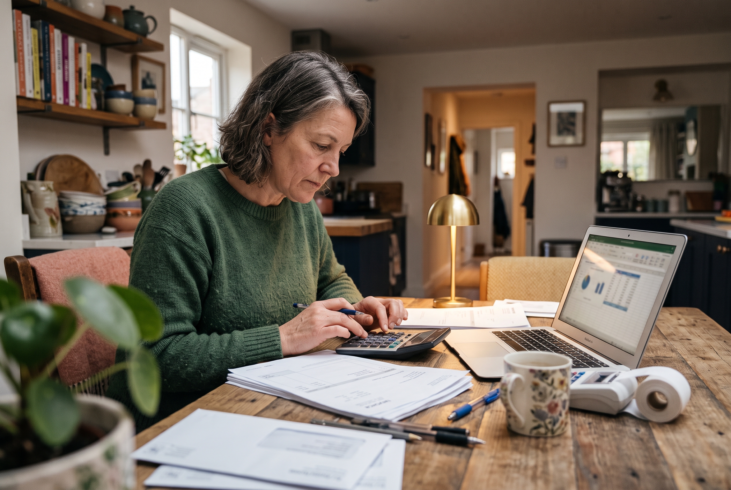 A store owner at a kitchen table adding up invoices on a calculator next to an open laptop showing a spreadsheet