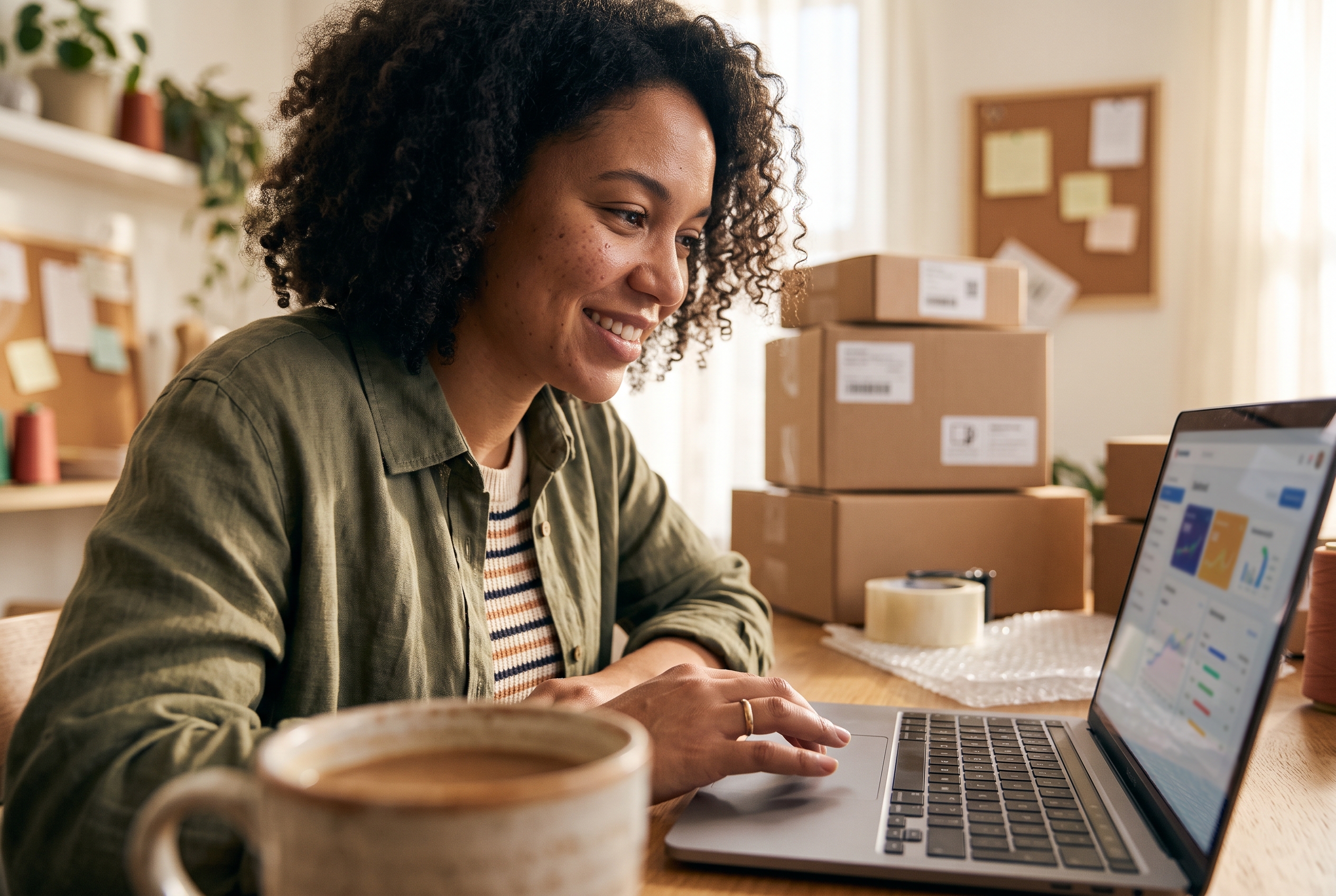 A small business founder smiling at a laptop in a sunlit home studio with packed product boxes stacked behind her
