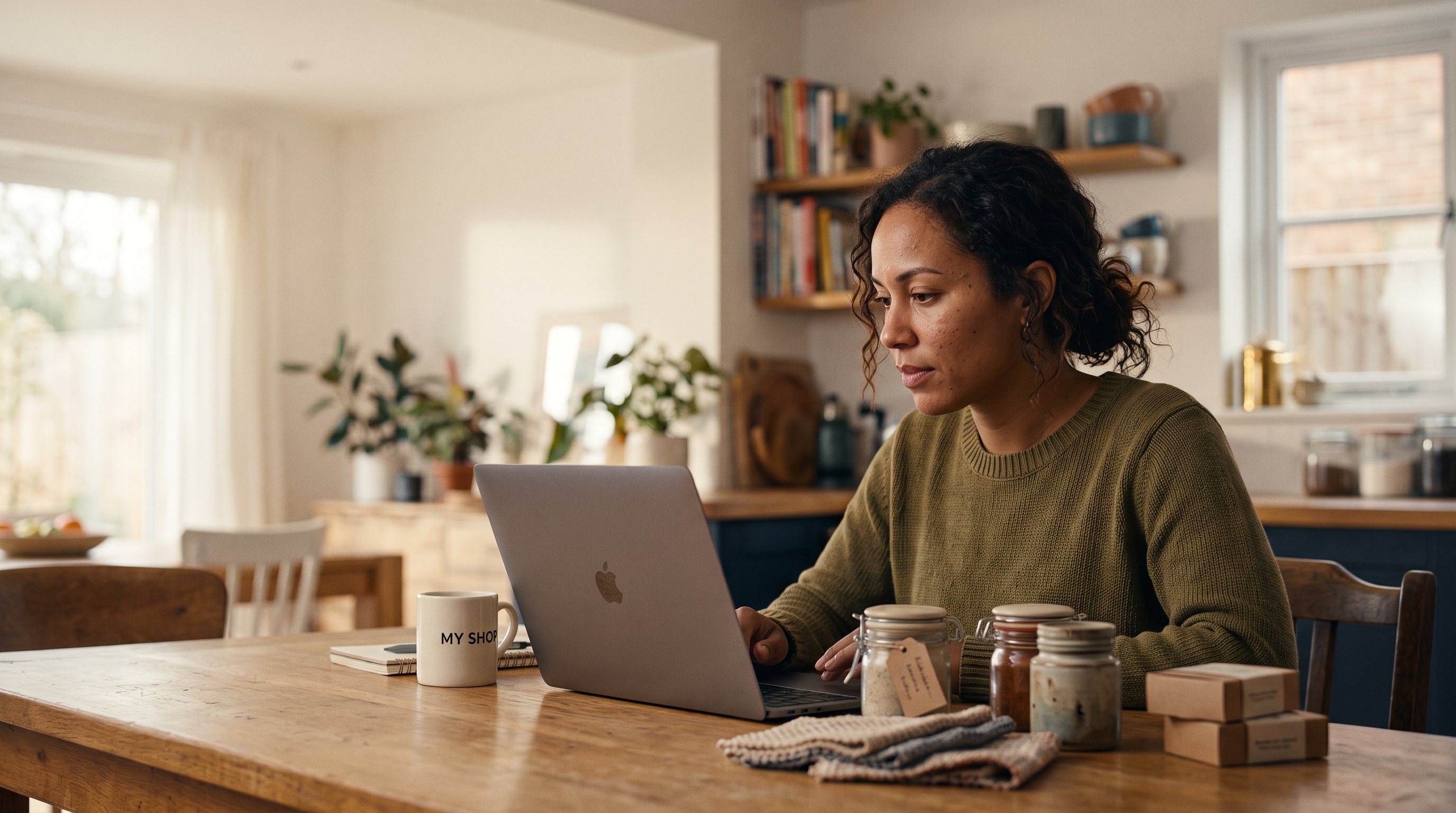 Small business owner reviewing a store mockup on a laptop at a kitchen table with product samples nearby