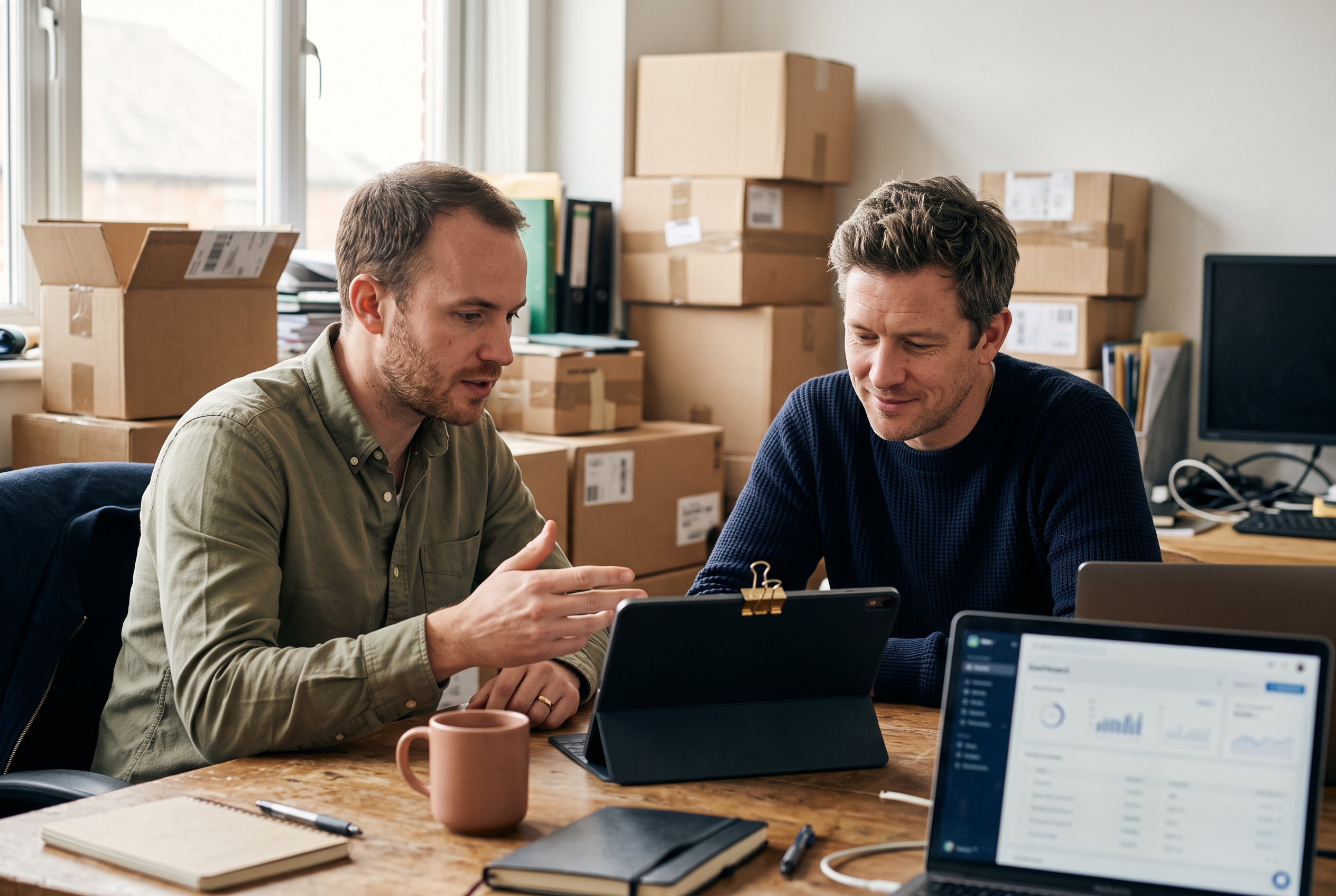 Two founders comparing quotes on a tablet across a desk in a small office with shipping boxes stacked behind them