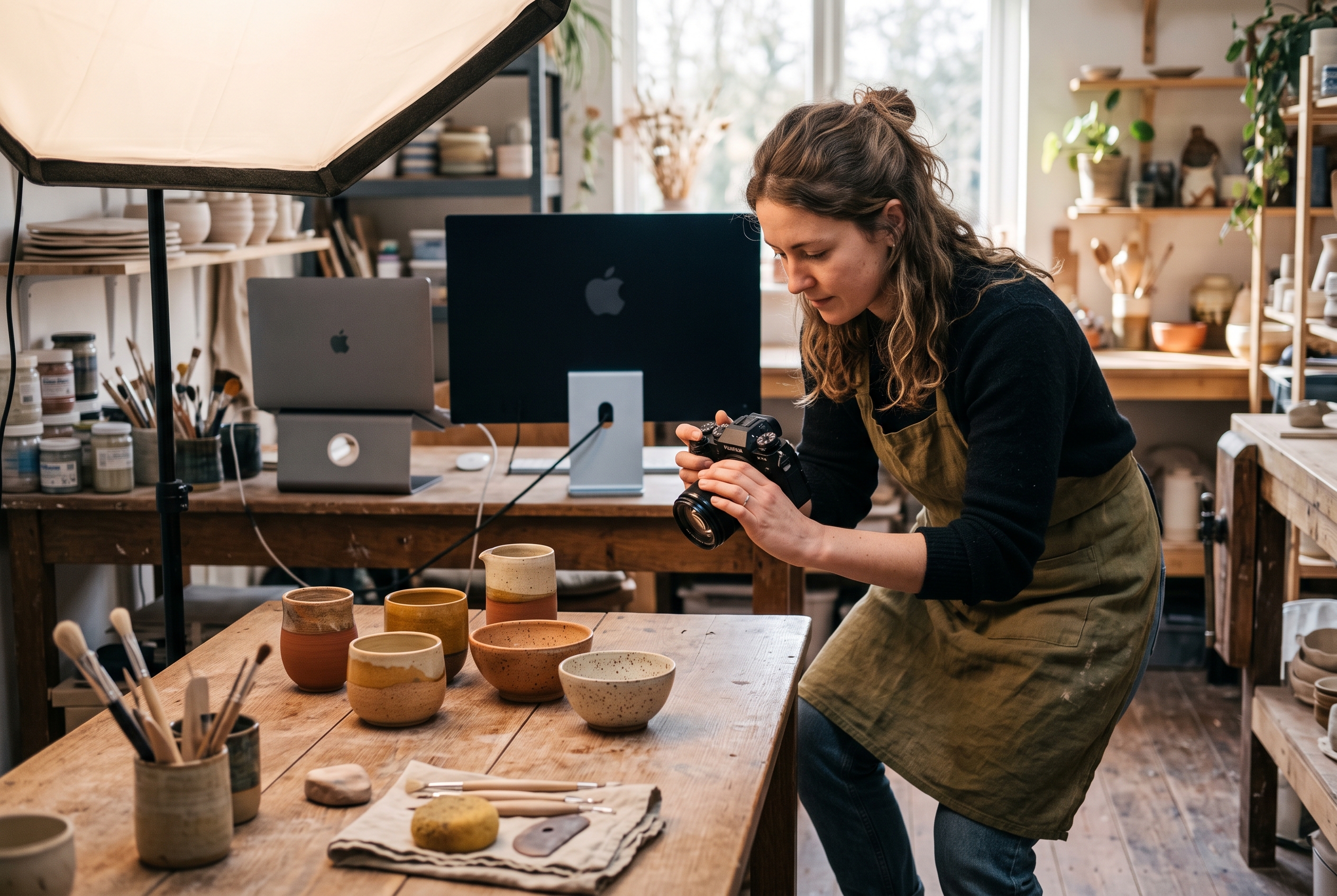Founder photographing handmade ceramics on a wooden table under a softbox light to upload to her online store