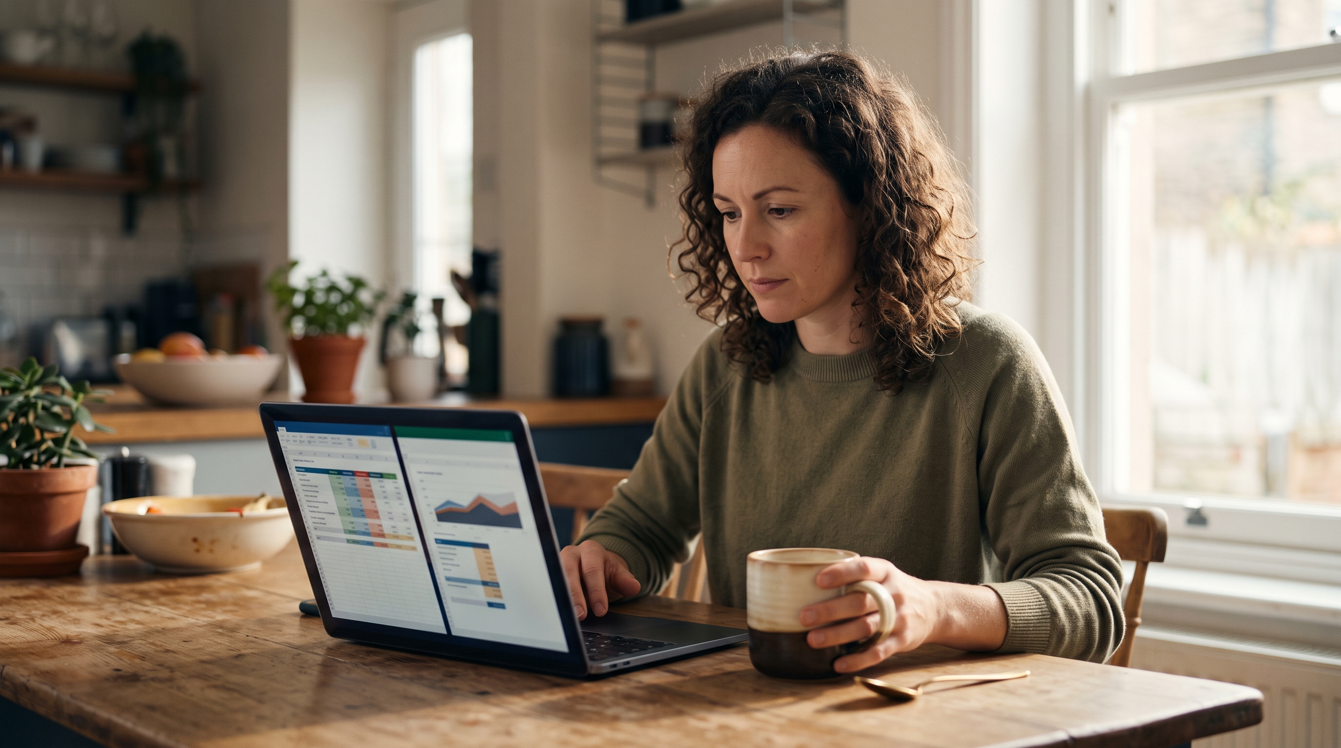 Small business owner reviewing two budget spreadsheets side by side on a laptop at a kitchen table with coffee