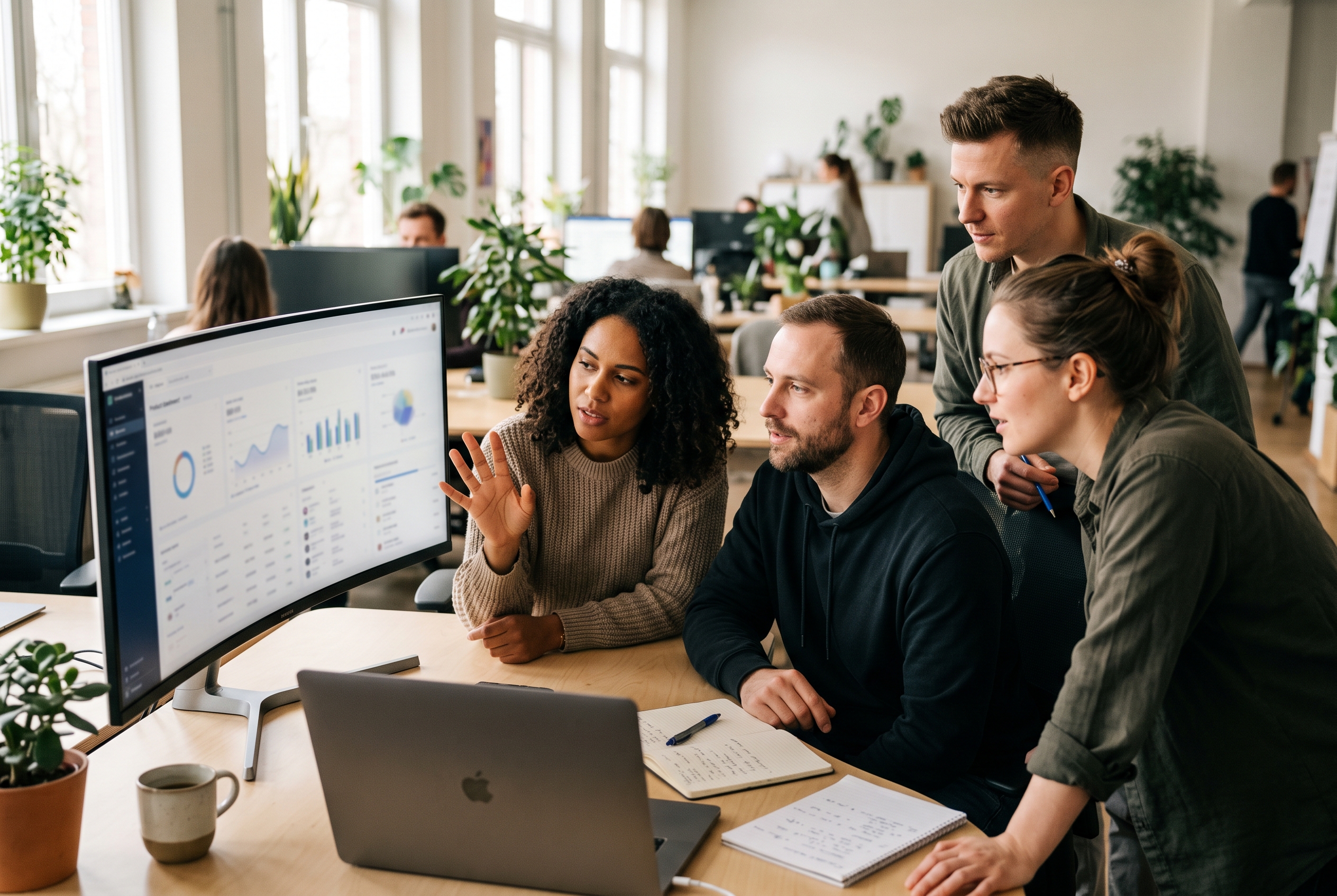 Four colleagues collaborating around a wide monitor in a bright open-plan office reviewing product pages