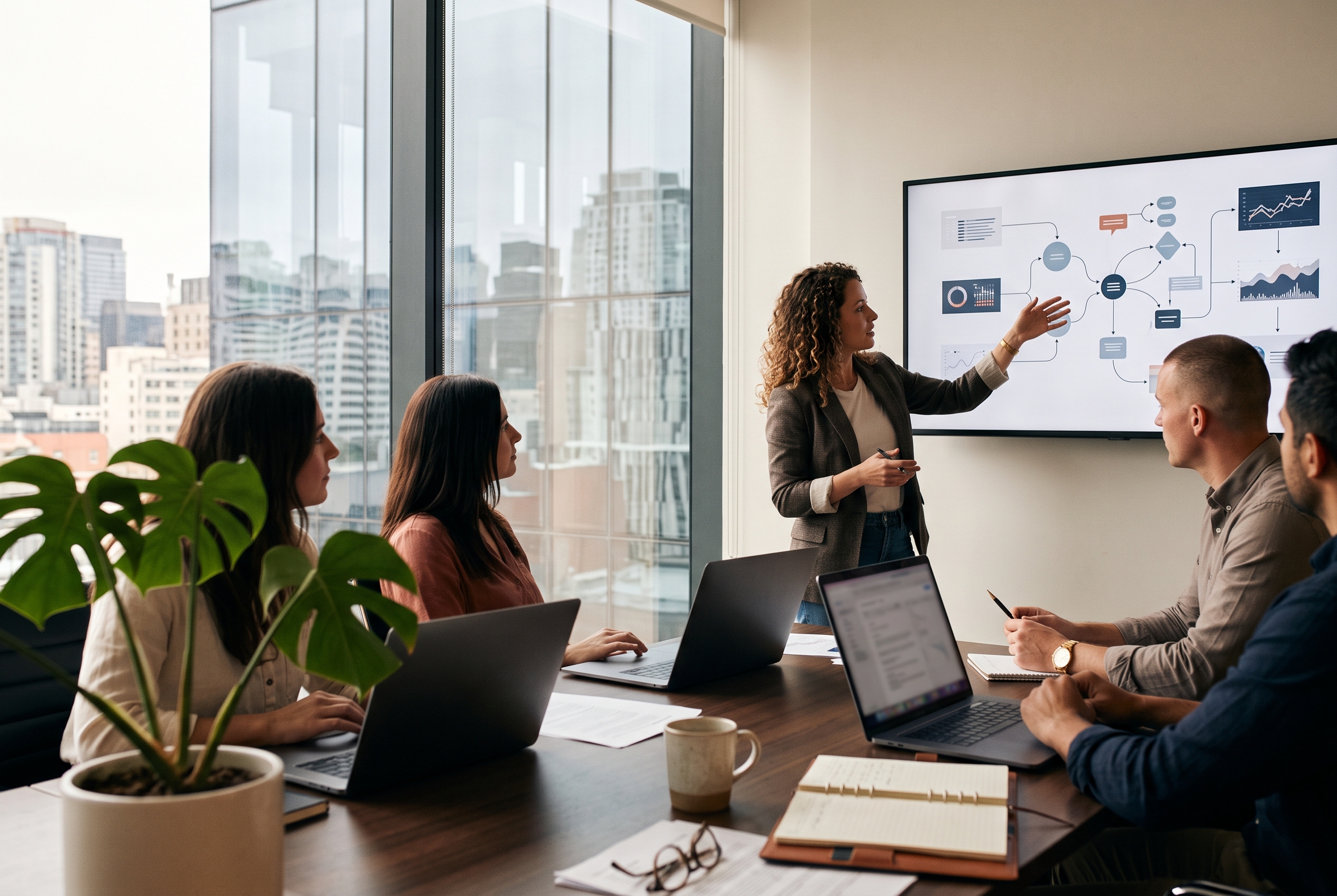 Two agency strategists presenting a project plan to a client on a screen in a modern meeting room