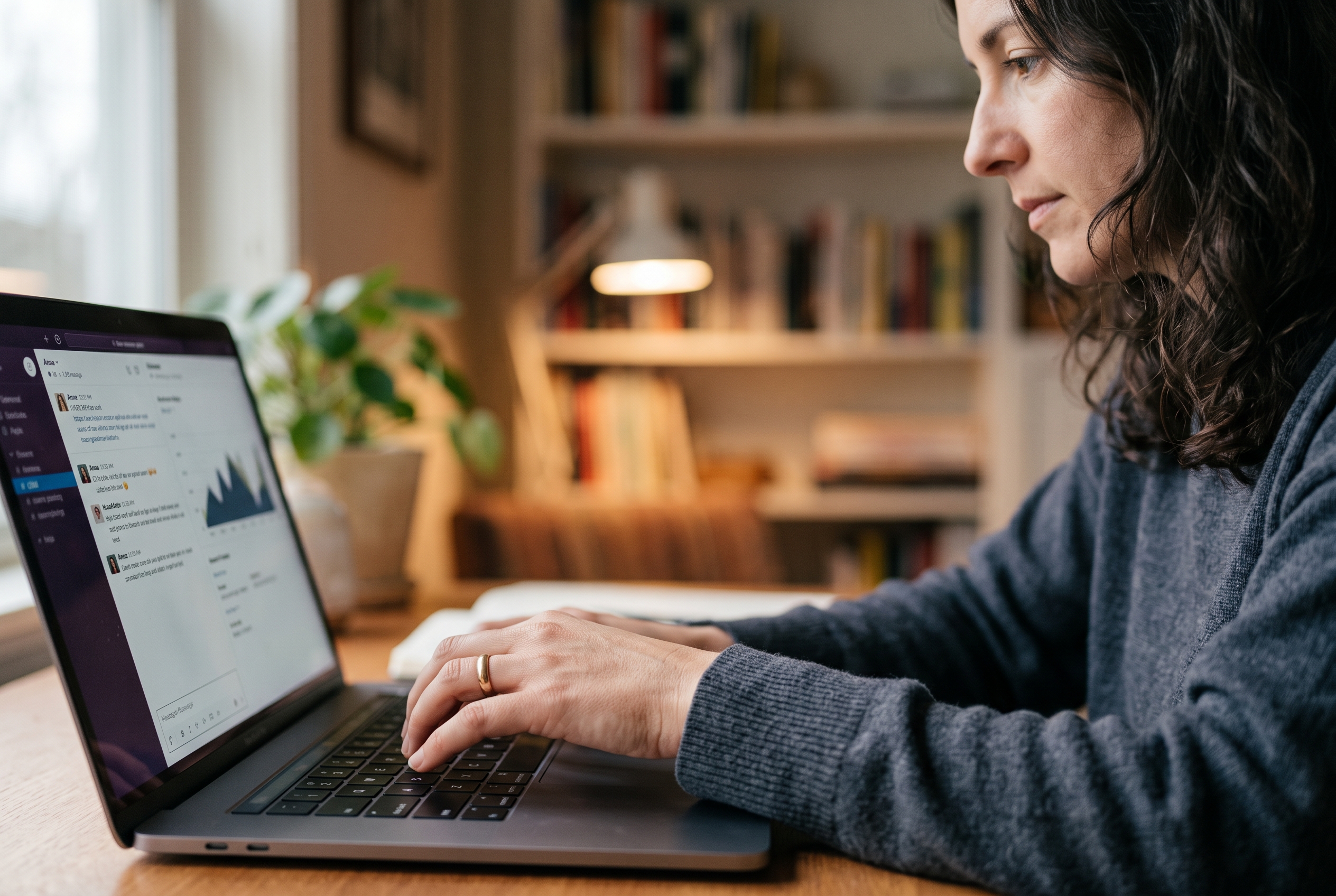 Founder describing store changes by typing into a chat window on a laptop in a quiet home office at dusk