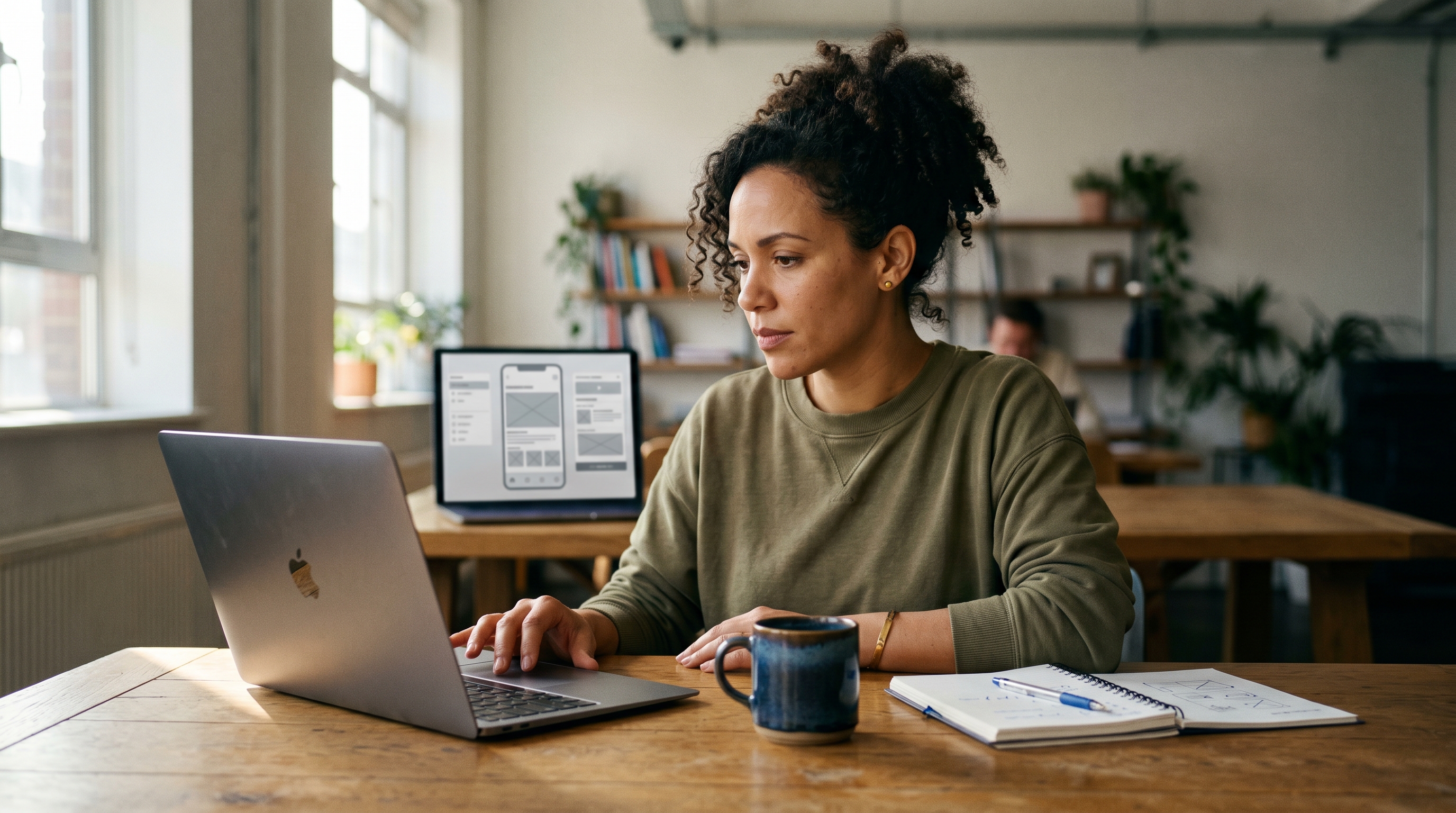 Founder reviewing app wireframes on a laptop at a wooden desk with a coffee mug and notebook nearby