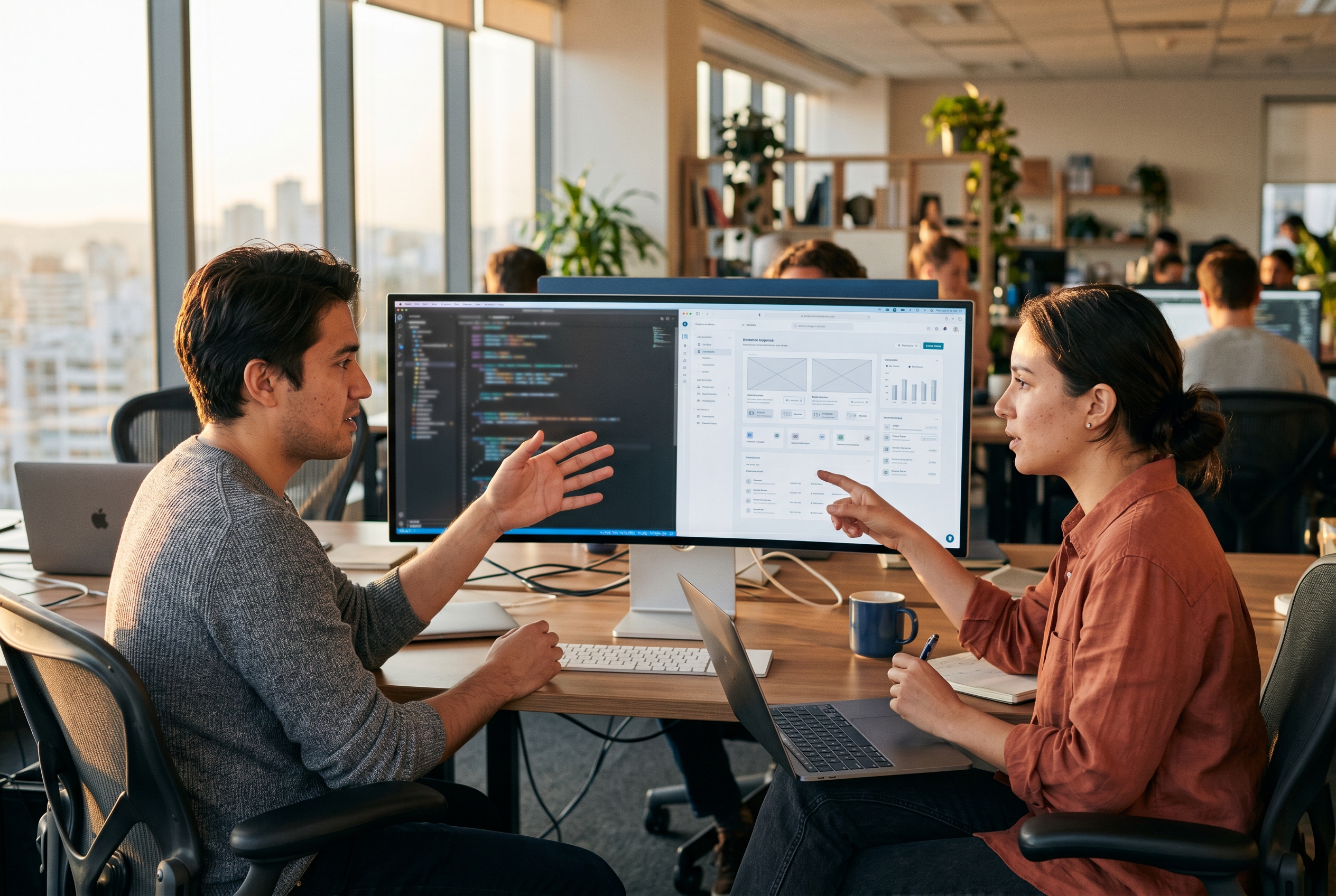Two developers comparing code and design mockups on a wide monitor in a modern office at golden hour