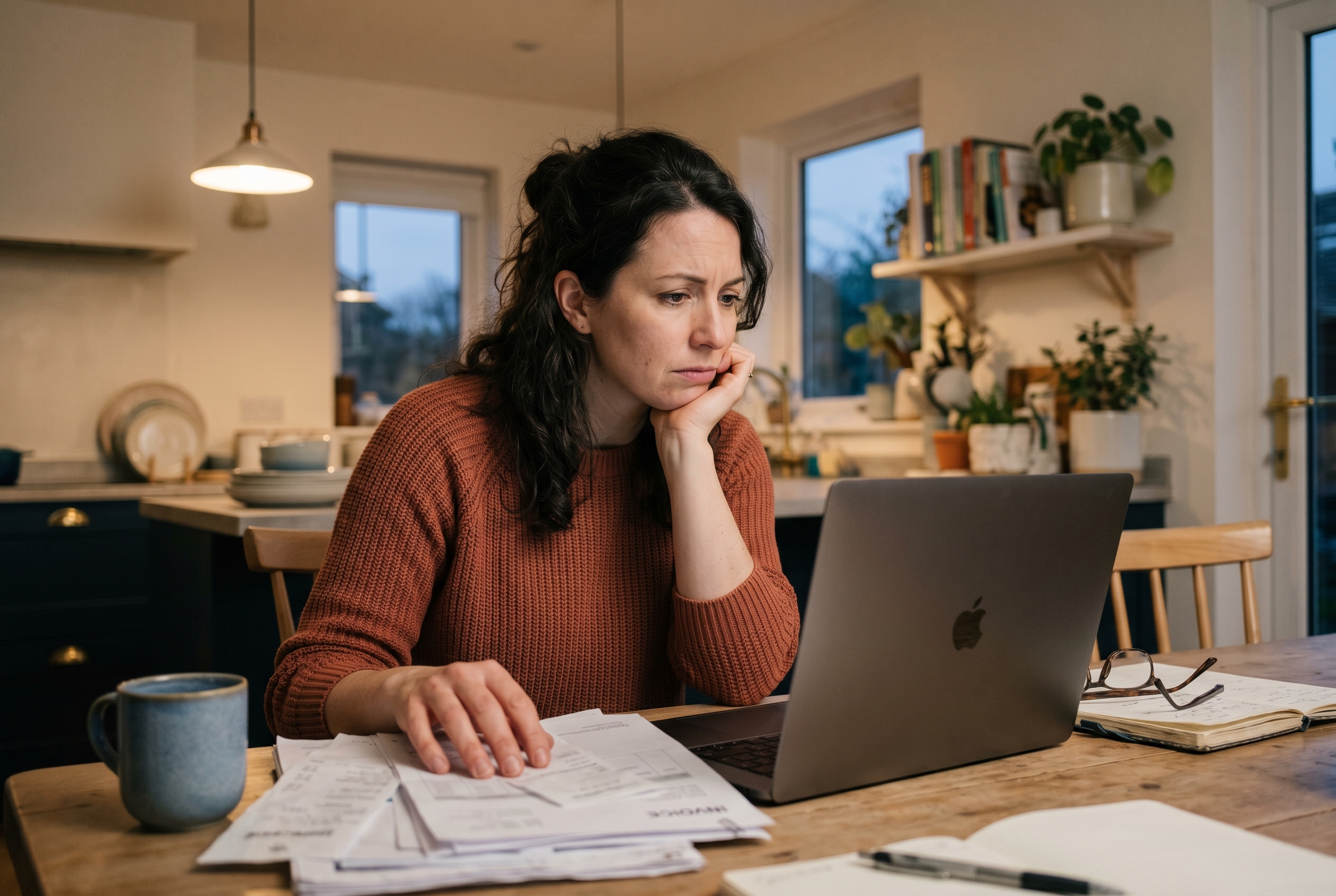 Small business owner frowning at a stack of invoices and a laptop spreadsheet at a kitchen table in the evening