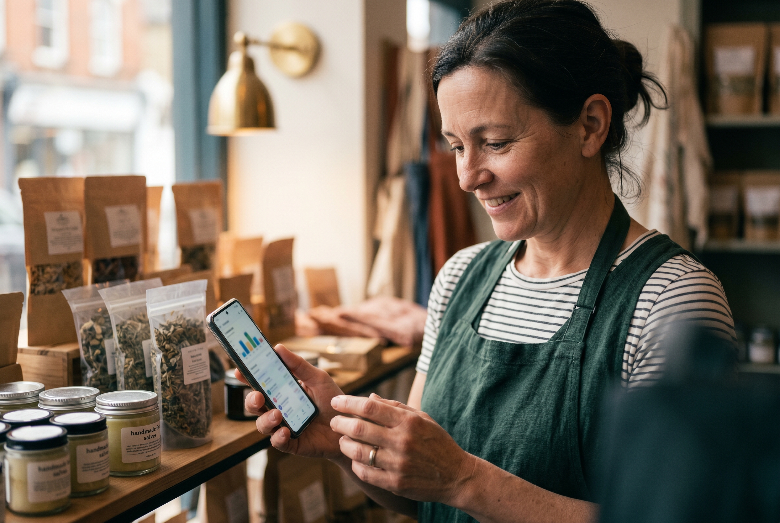 Shop owner checking her live online store on a phone while standing among shelves of packaged products