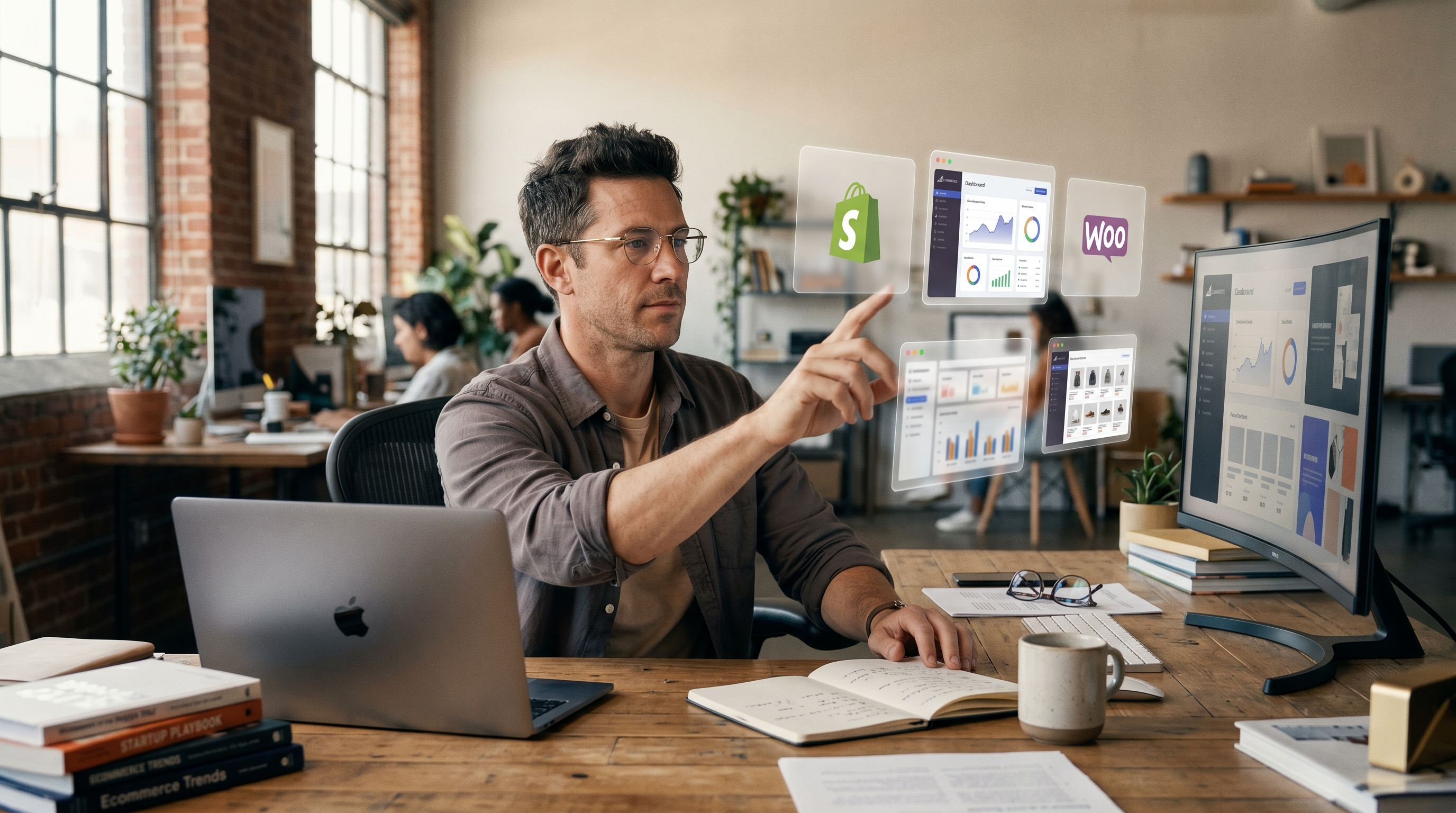 Founder at desk surrounded by floating icons of different ecommerce store dashboards choosing between them