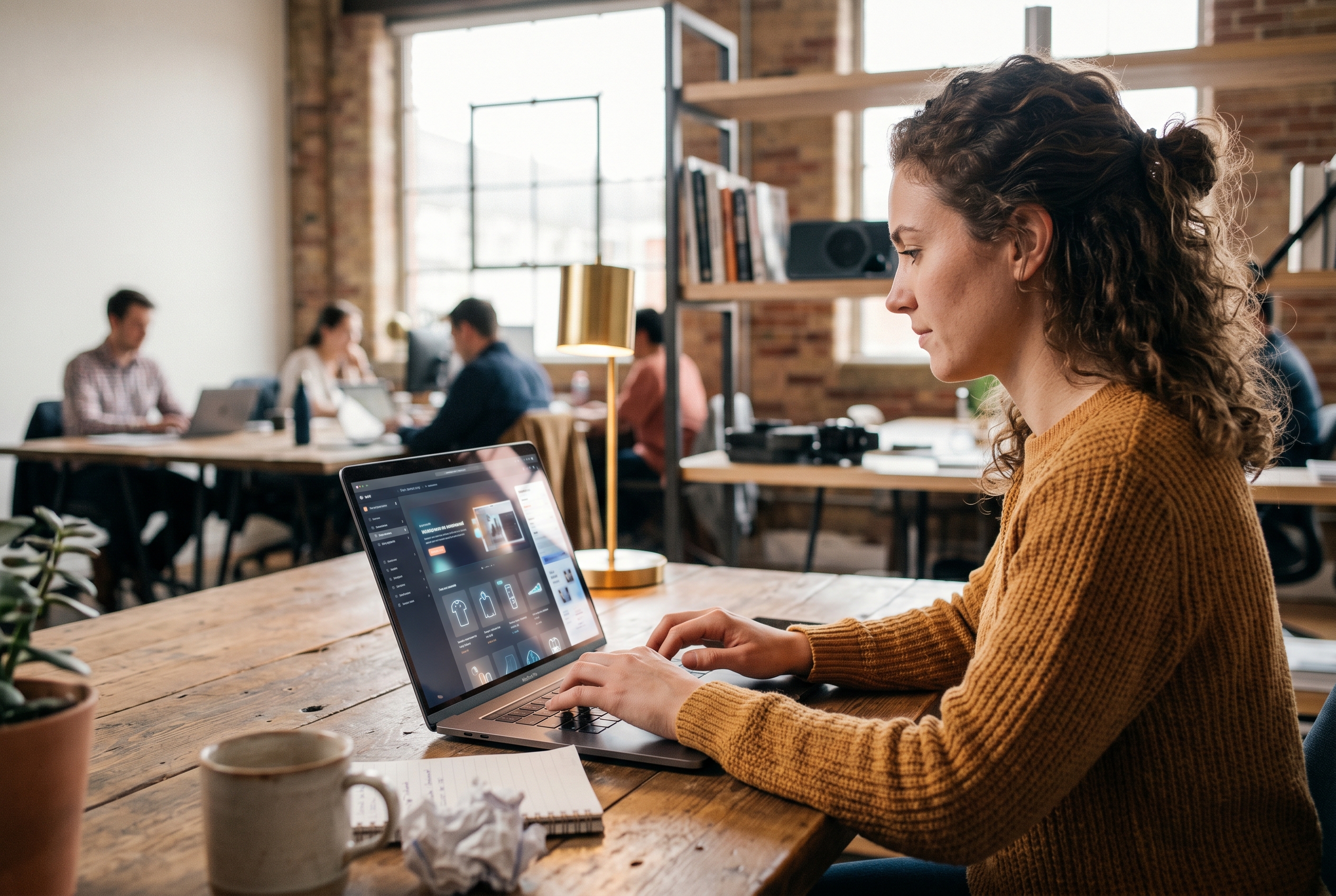 Person typing a business description on a laptop while a complete ecommerce store materializes on the screen in real time