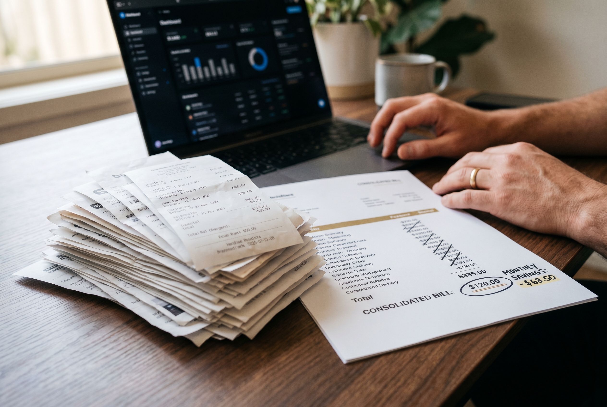 Stack of monthly subscription receipts piling up next to a single consolidated bill showing dramatic cost savings