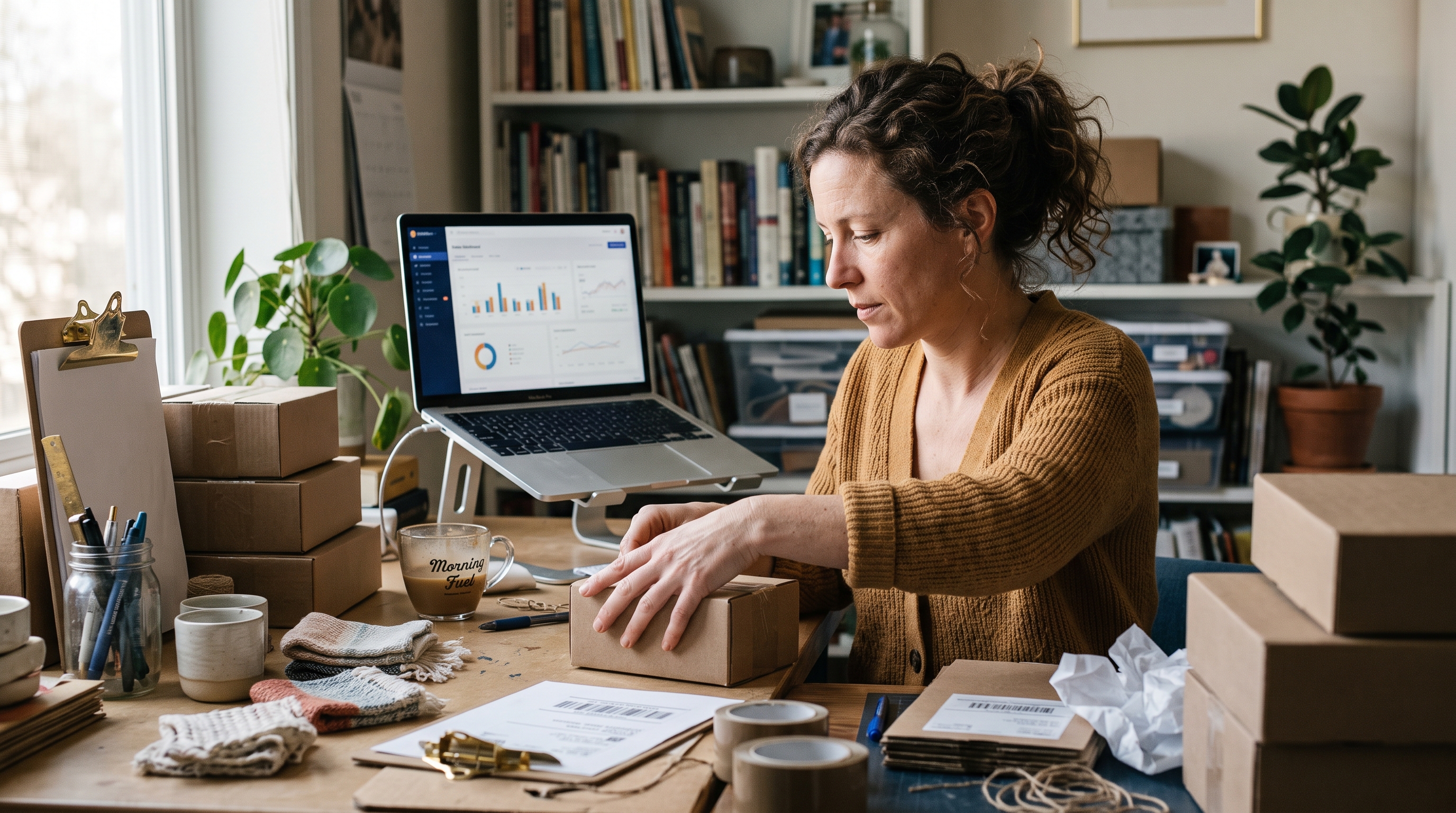 Small business owner packing orders at a cluttered home desk with a laptop open to a sales dashboard