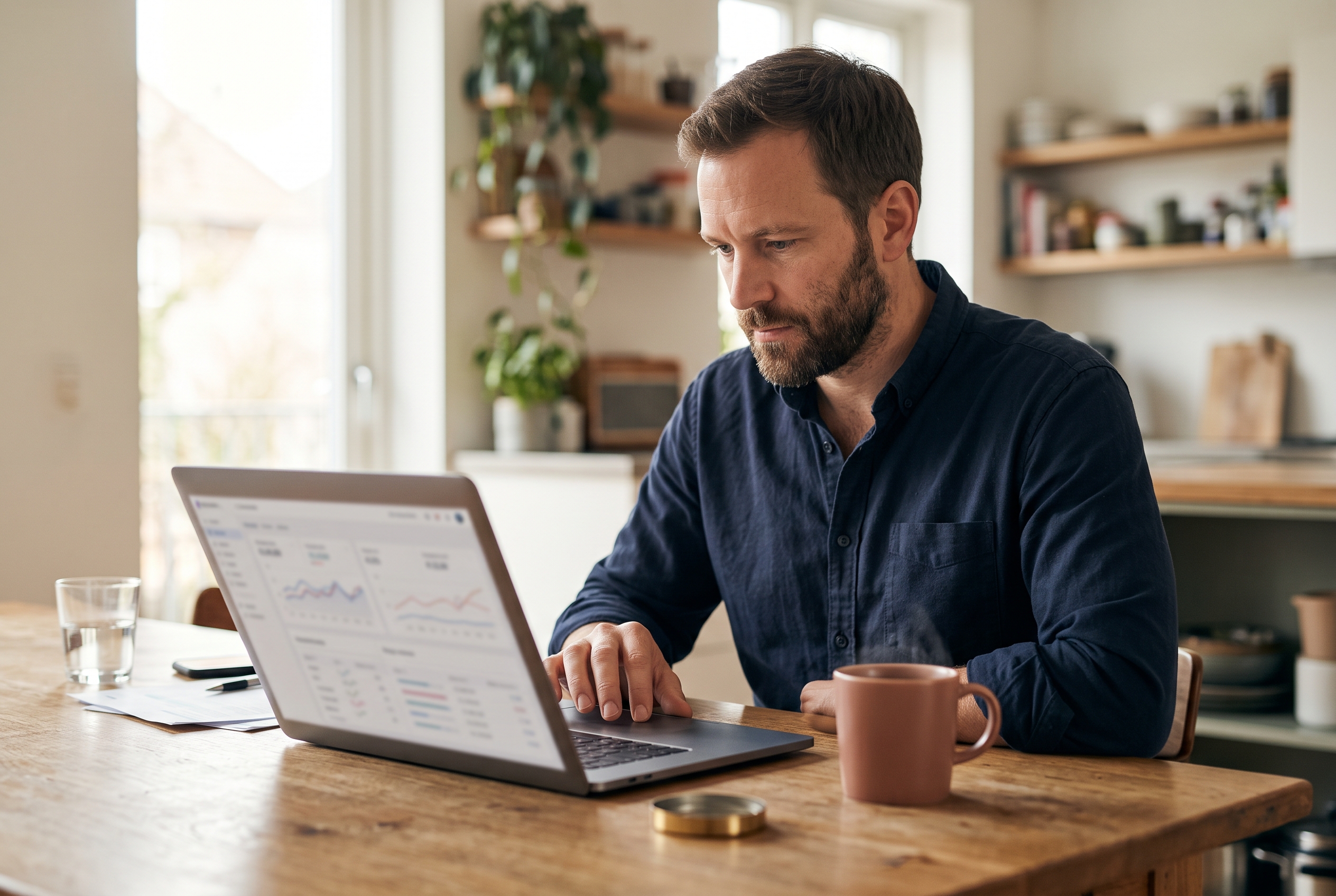 Founder reviewing survival and revenue charts on a laptop at a sunlit kitchen table with coffee nearby