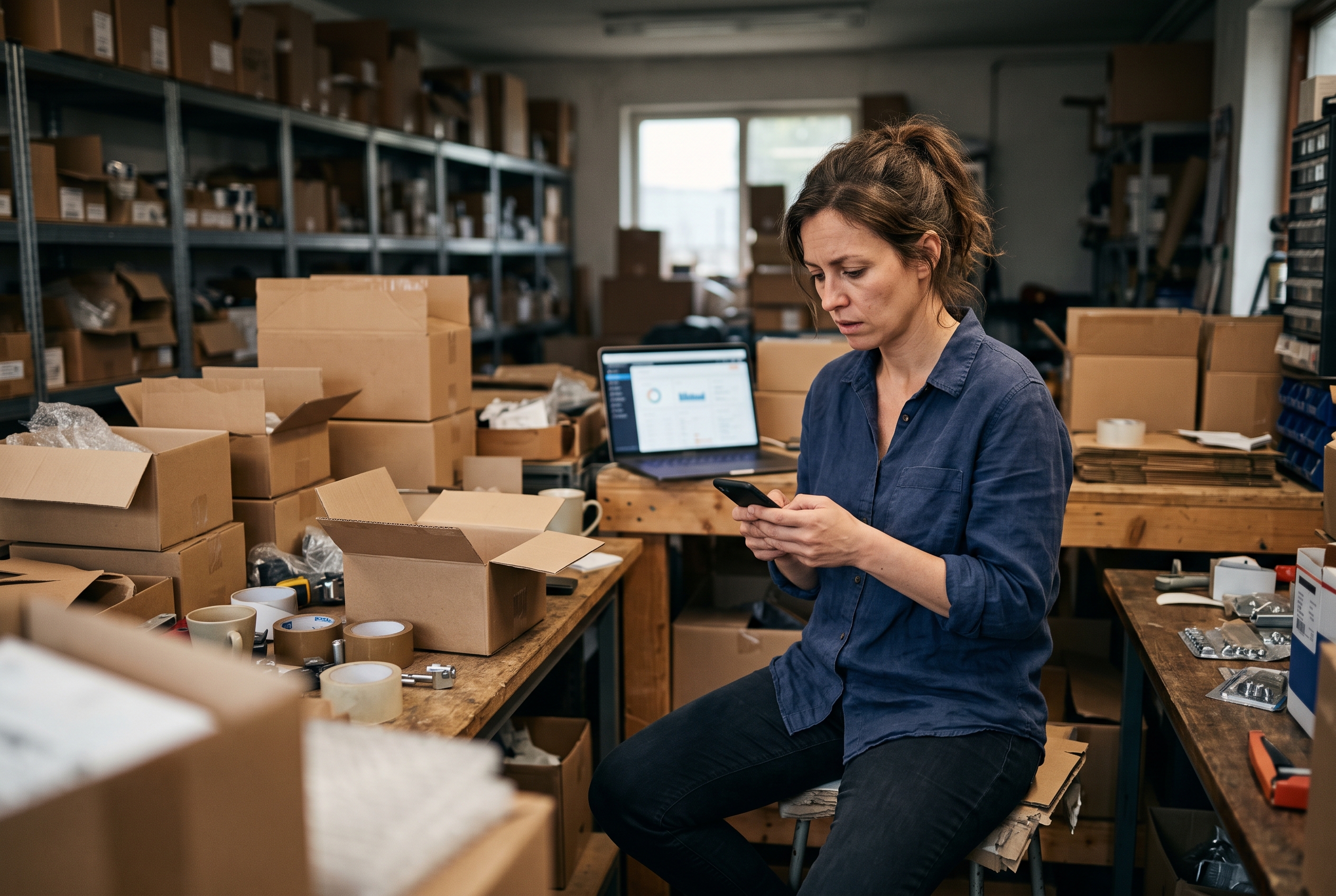 Stressed shop owner surrounded by unpacked inventory boxes checking a phone in a dim garage workspace