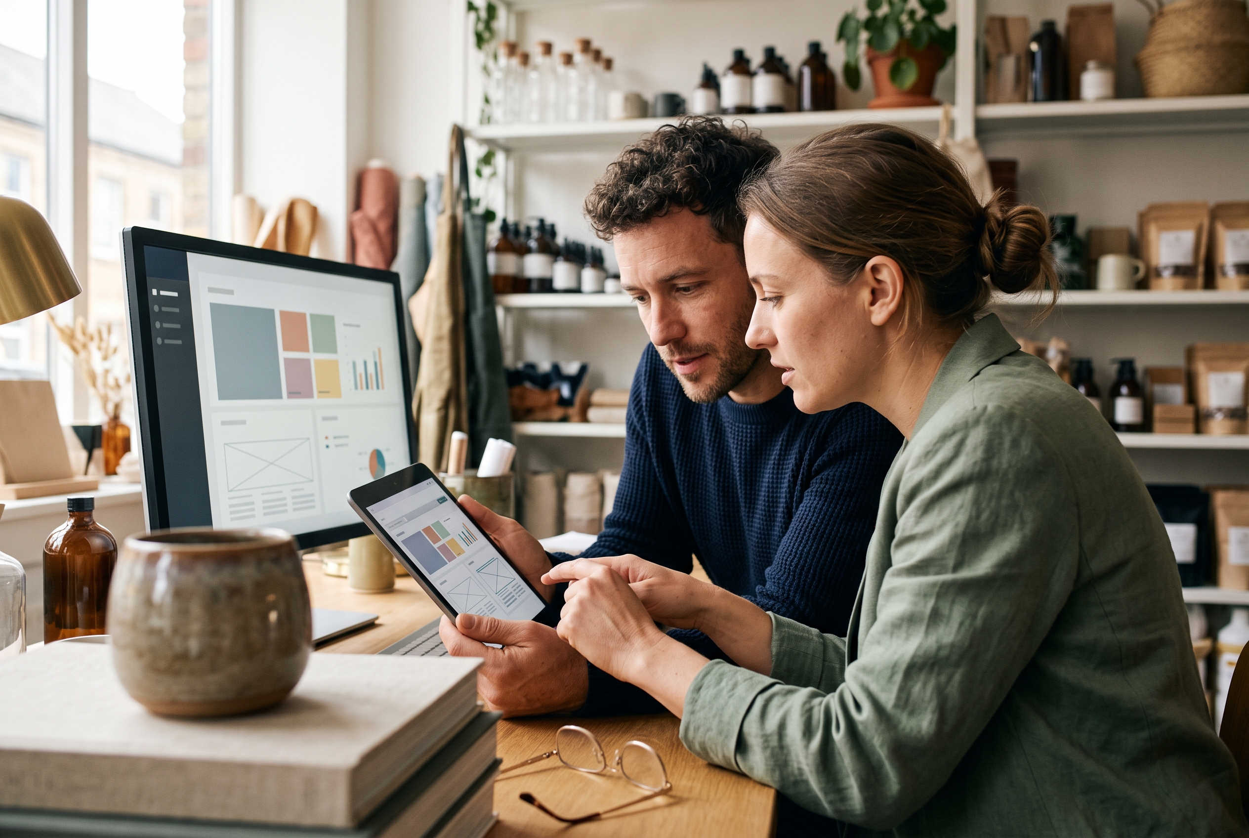 Two small business partners reviewing a marketing plan on a tablet in a bright product studio with shelves of goods