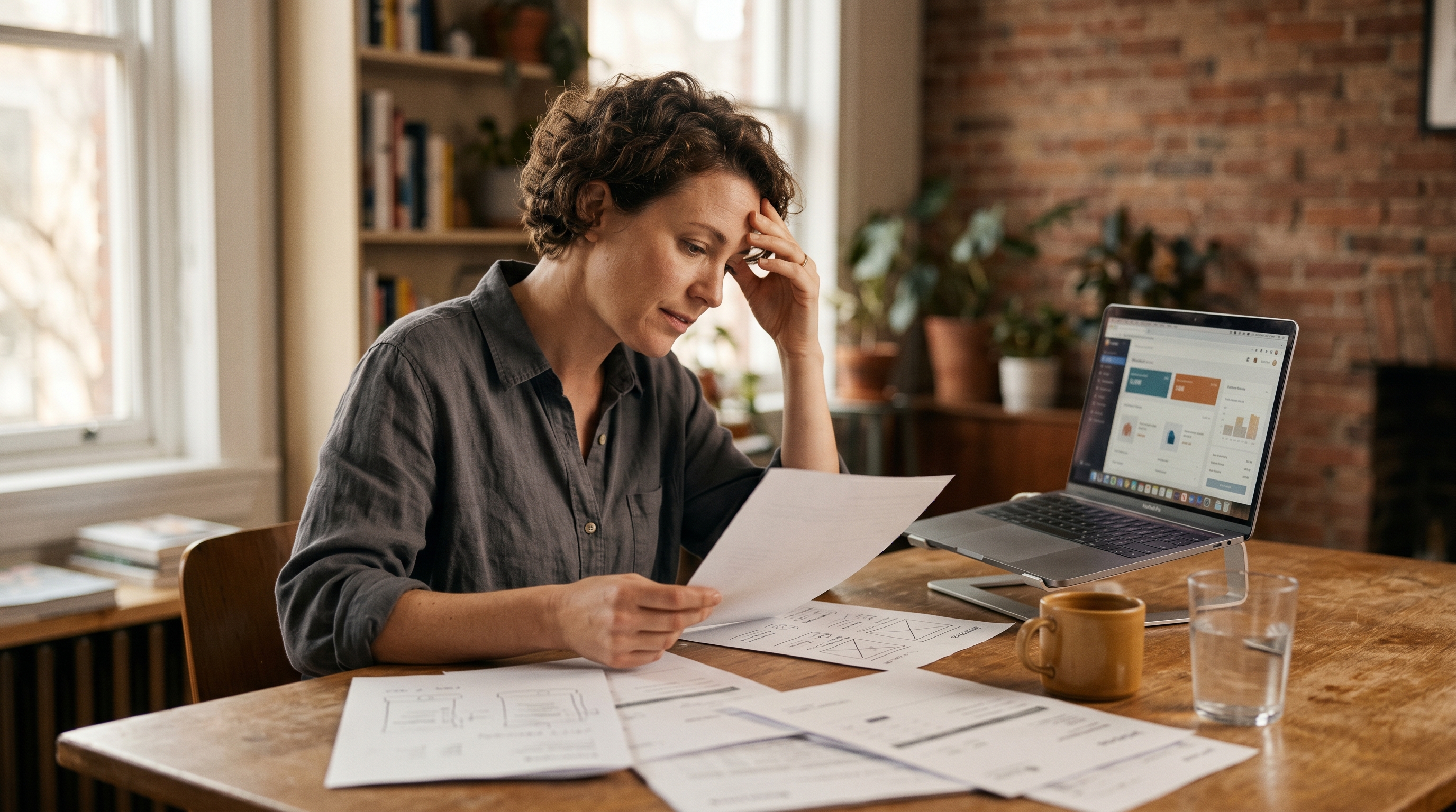 Small business owner reviewing developer quotes spread across a desk with a laptop showing online store mockups