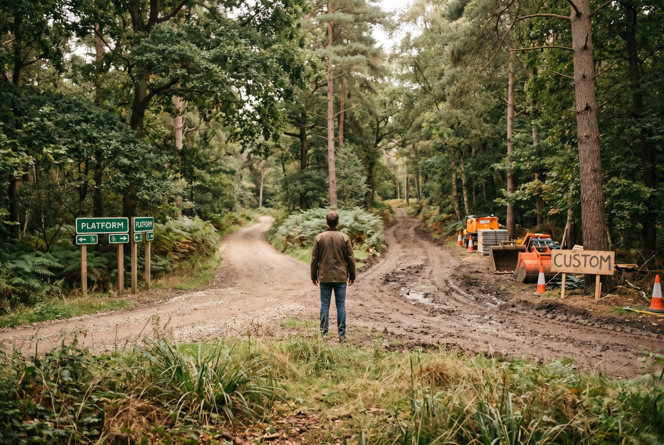 Two paths diverging in a forest, one labeled platform with green road signs and one labeled custom with construction equipment