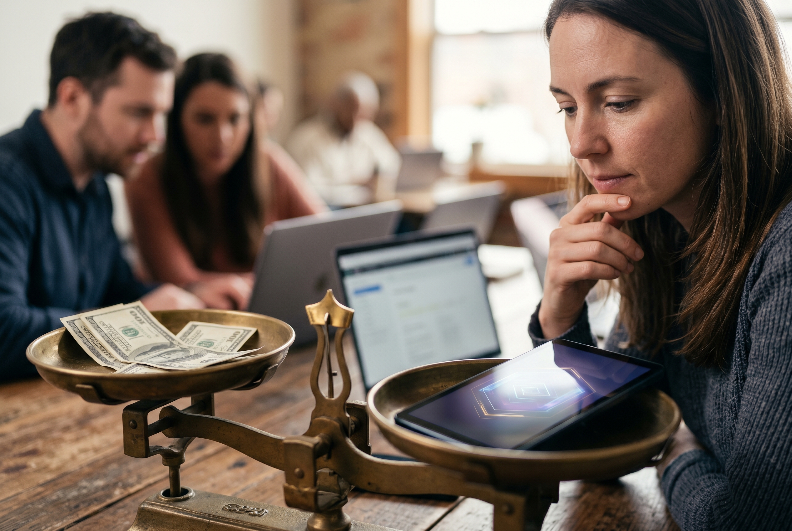 Founder weighing two options on a scale, one side has stacks of money and a developer team, the other side has a glowing AI interface