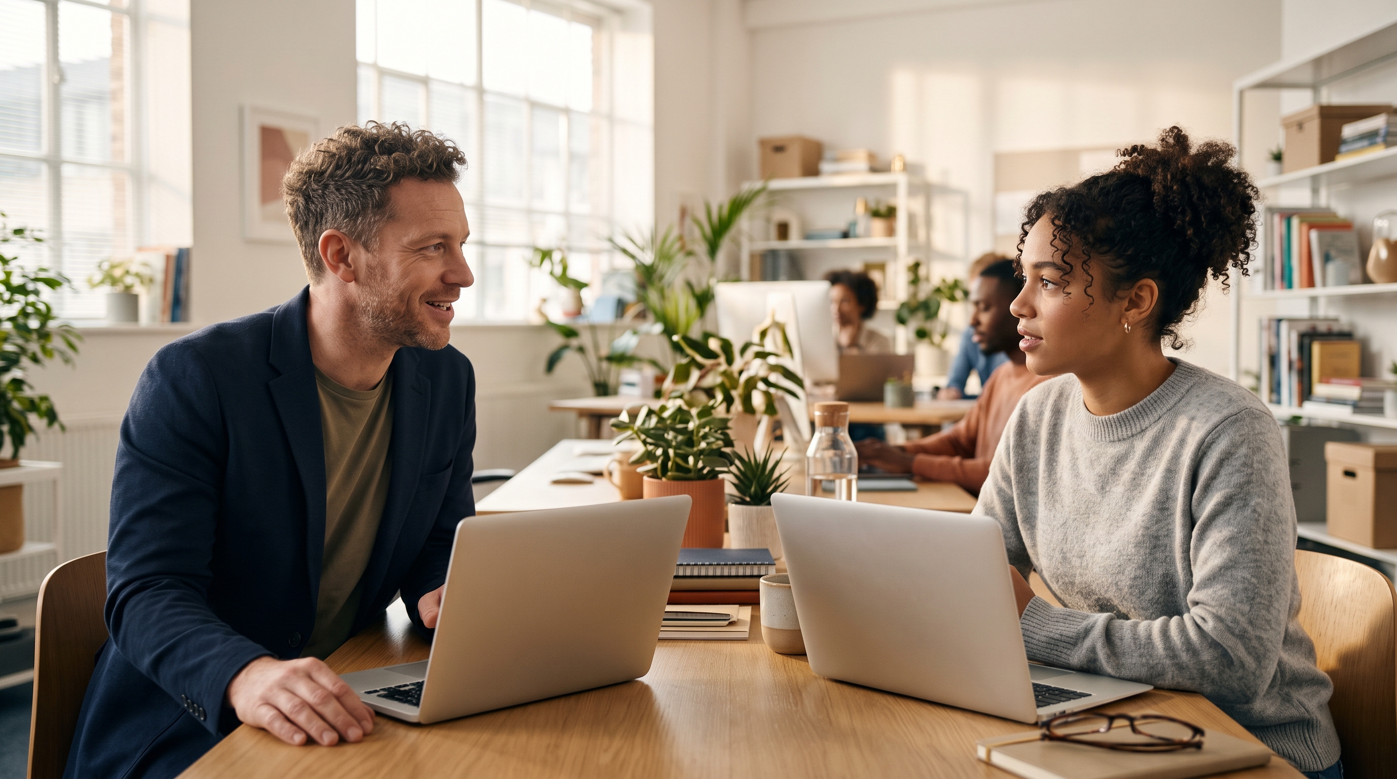 Small business owner interviewing a developer across a desk with two laptops open in a bright office