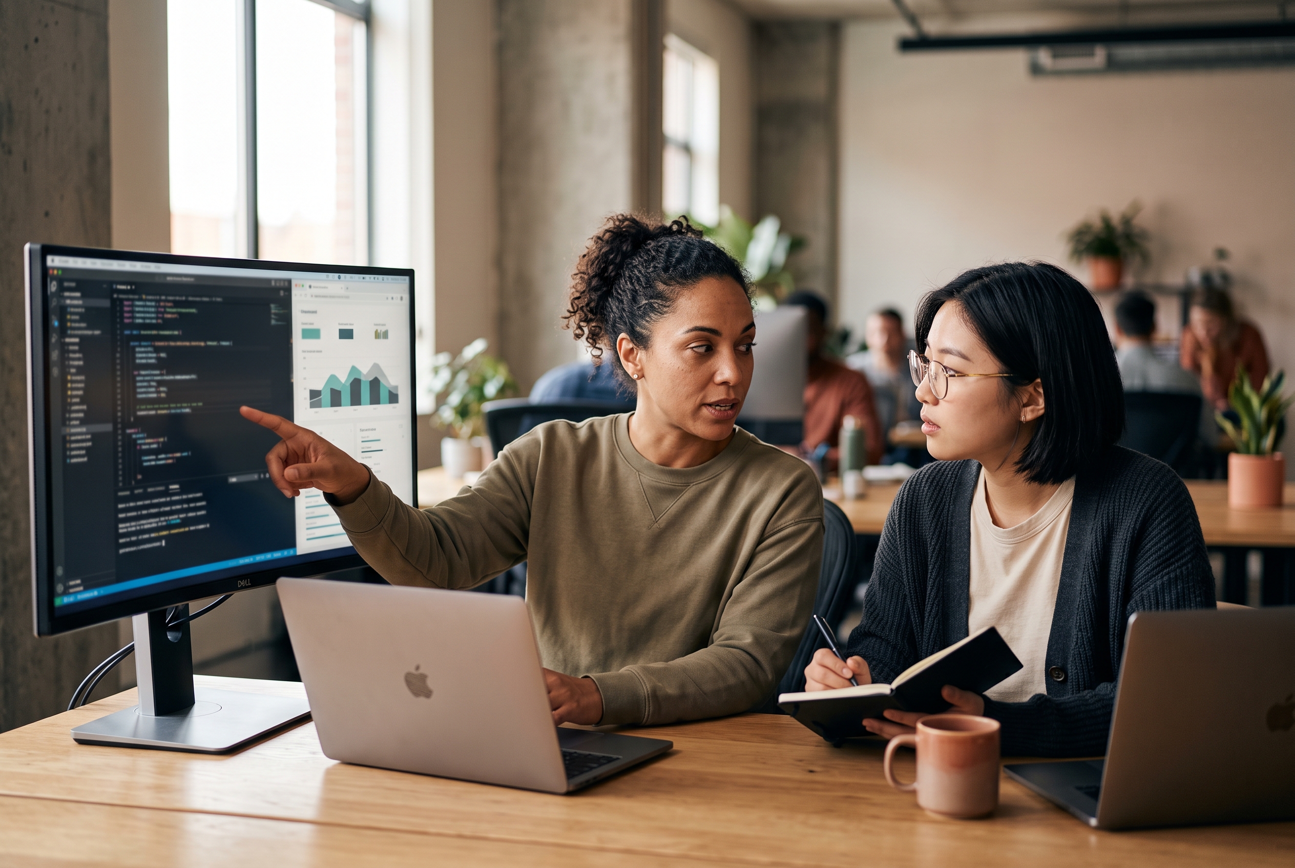 Developer pointing at code on a wide monitor while explaining a checkout flow to a focused listener