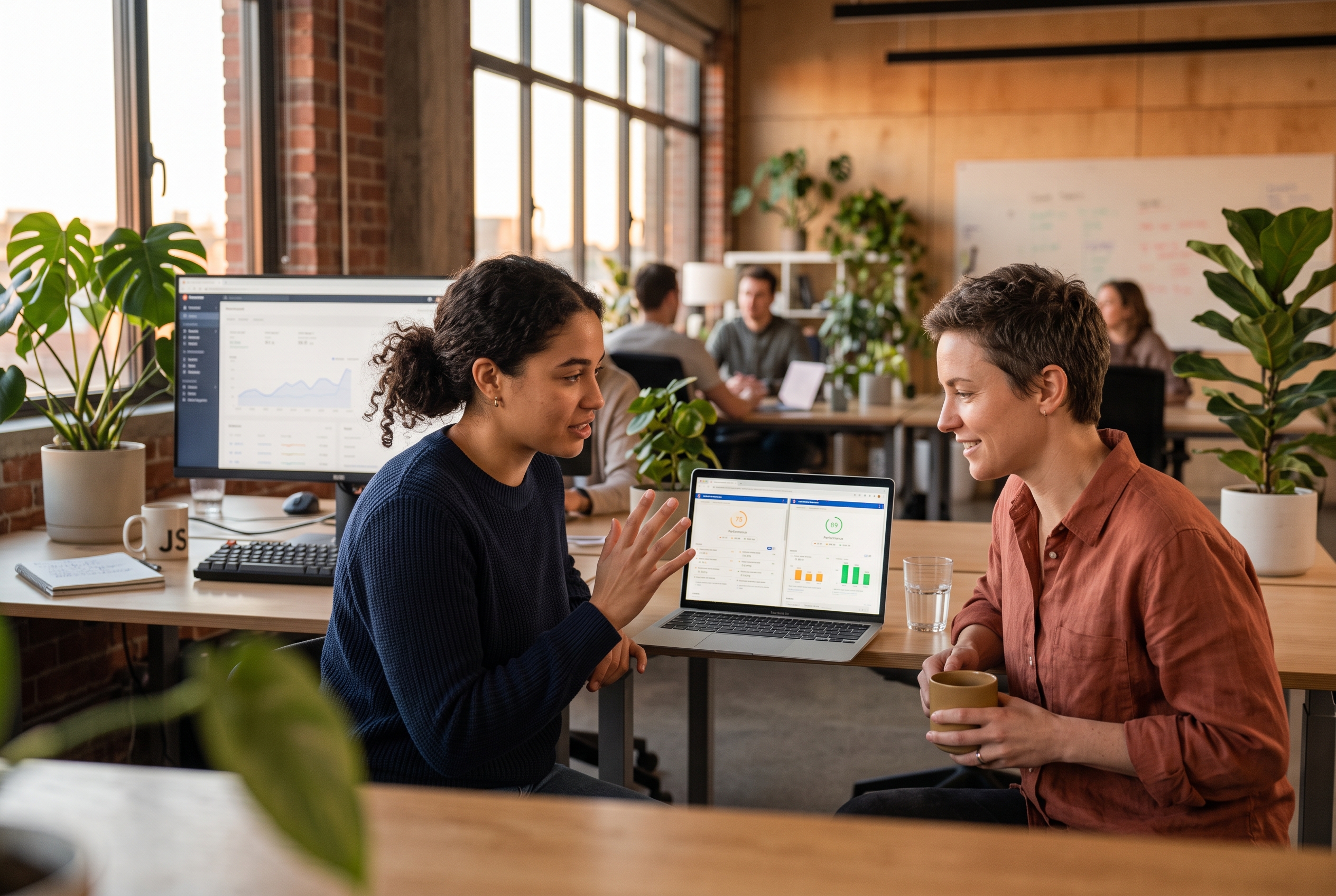 Two developers comparing page speed results side by side on a laptop in a modern office at golden hour
