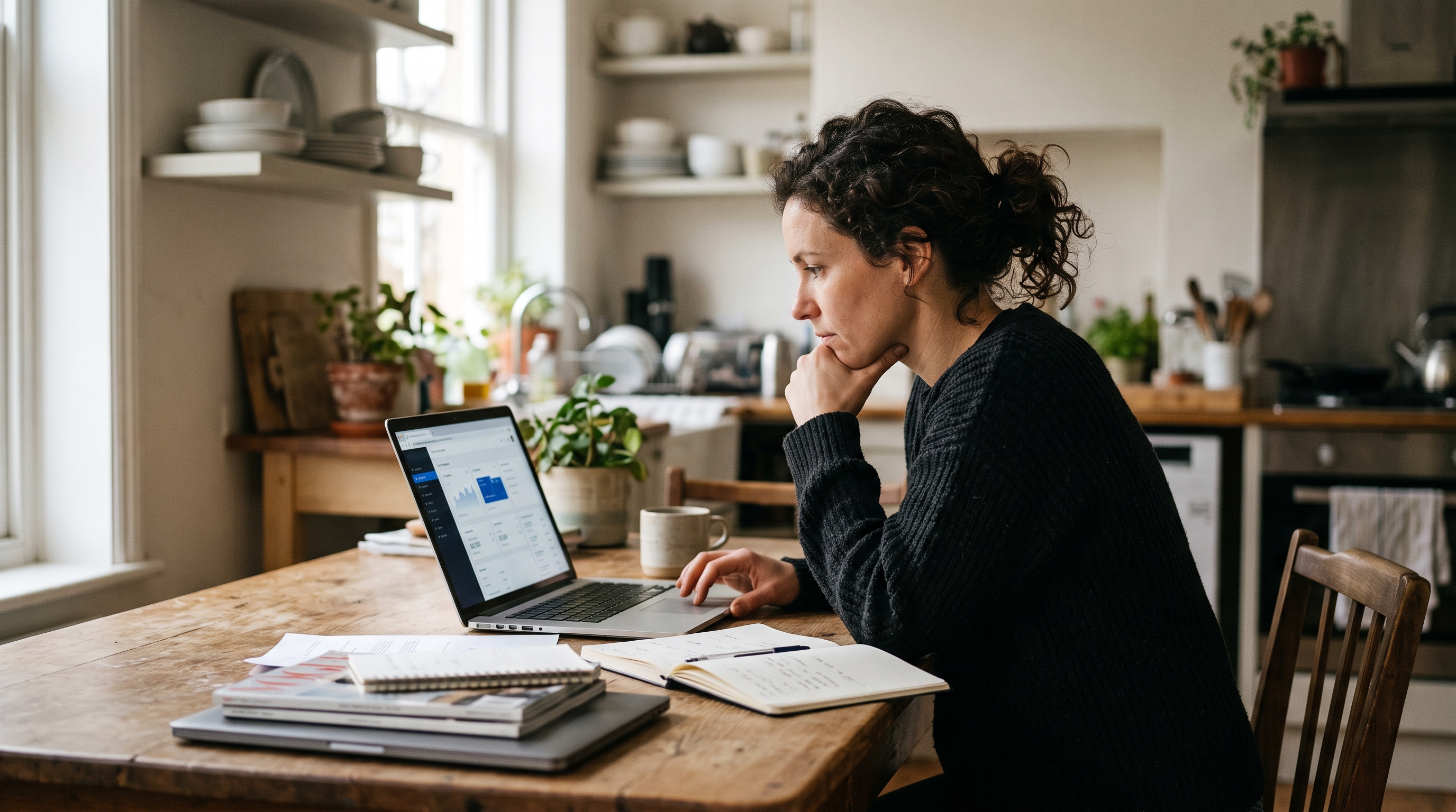 Small business owner comparing a laptop quote from a developer against a store builder dashboard at a kitchen table