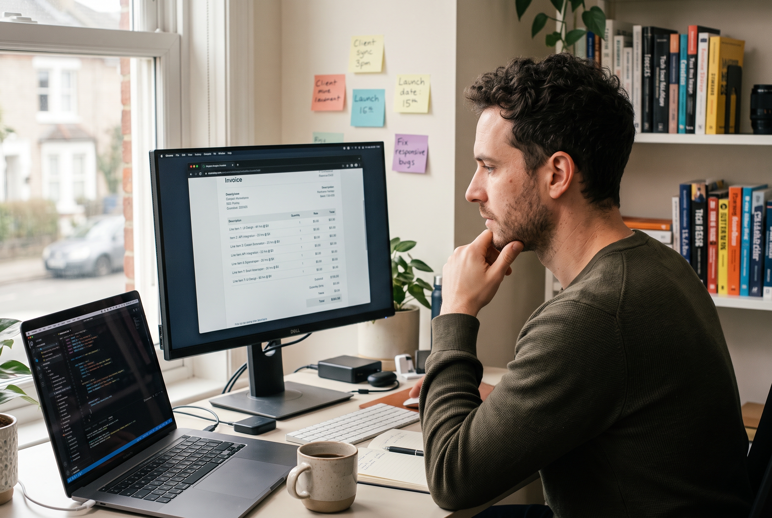 Freelance developer reviewing an itemized project invoice on a monitor in a home office with sticky notes on the wall