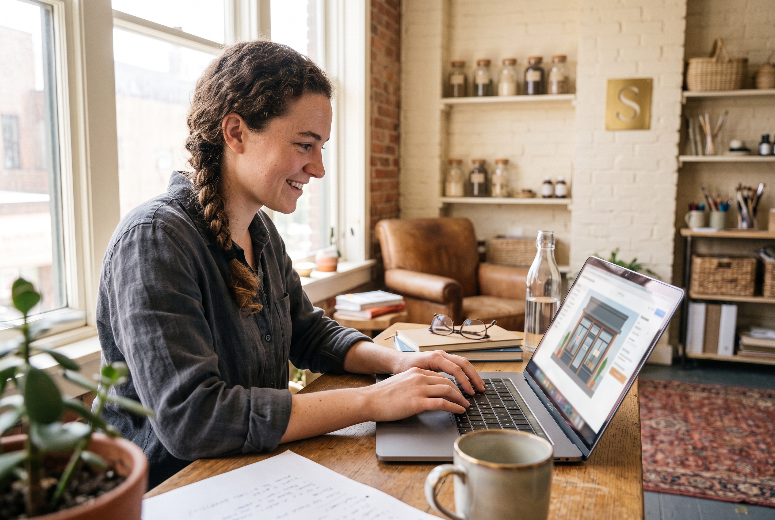 Founder typing a description of her store into a laptop in a sunlit room while a finished storefront appears on screen