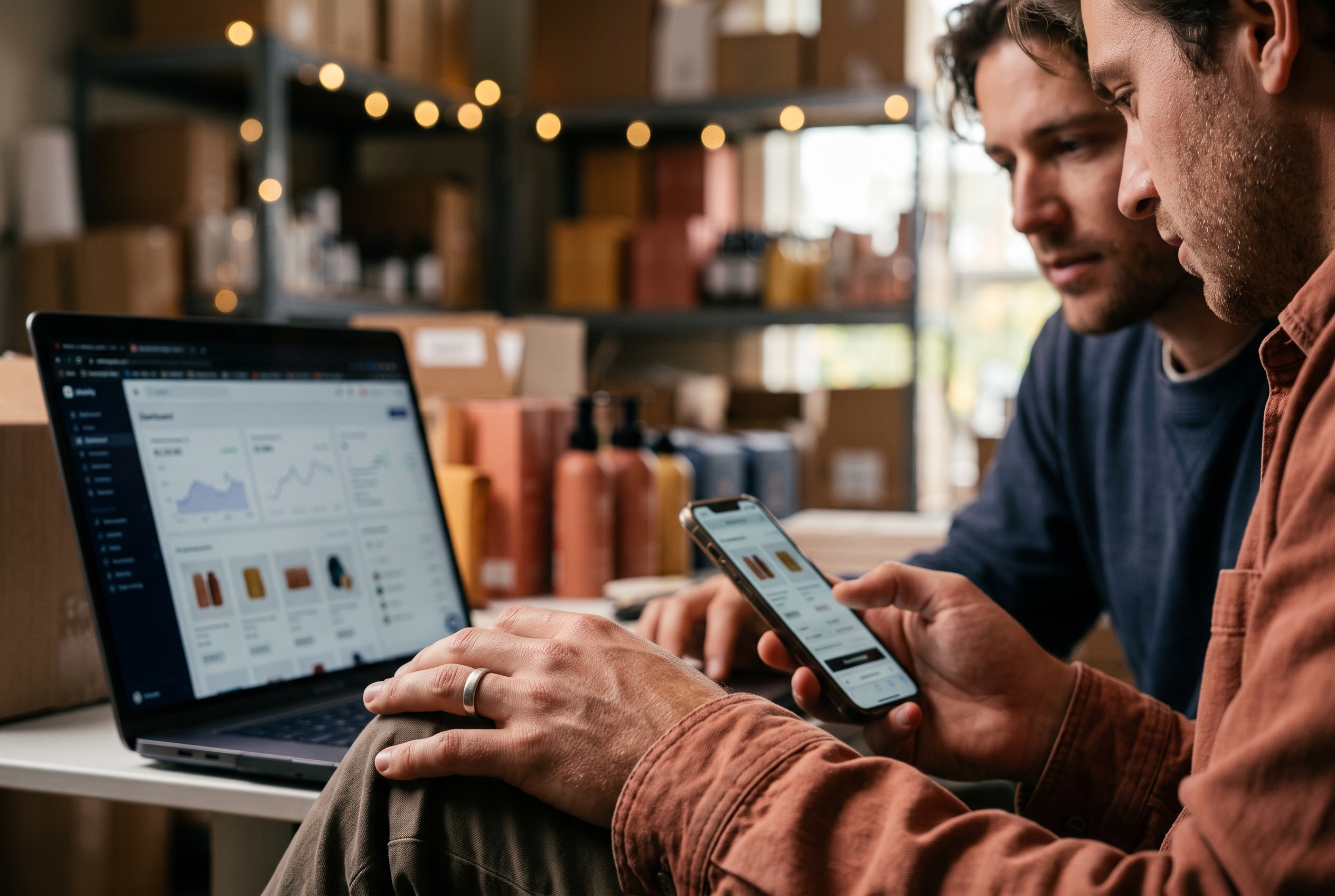 Two team members reviewing a live store on a laptop and a phone side by side in a small product studio with shelves of inventory